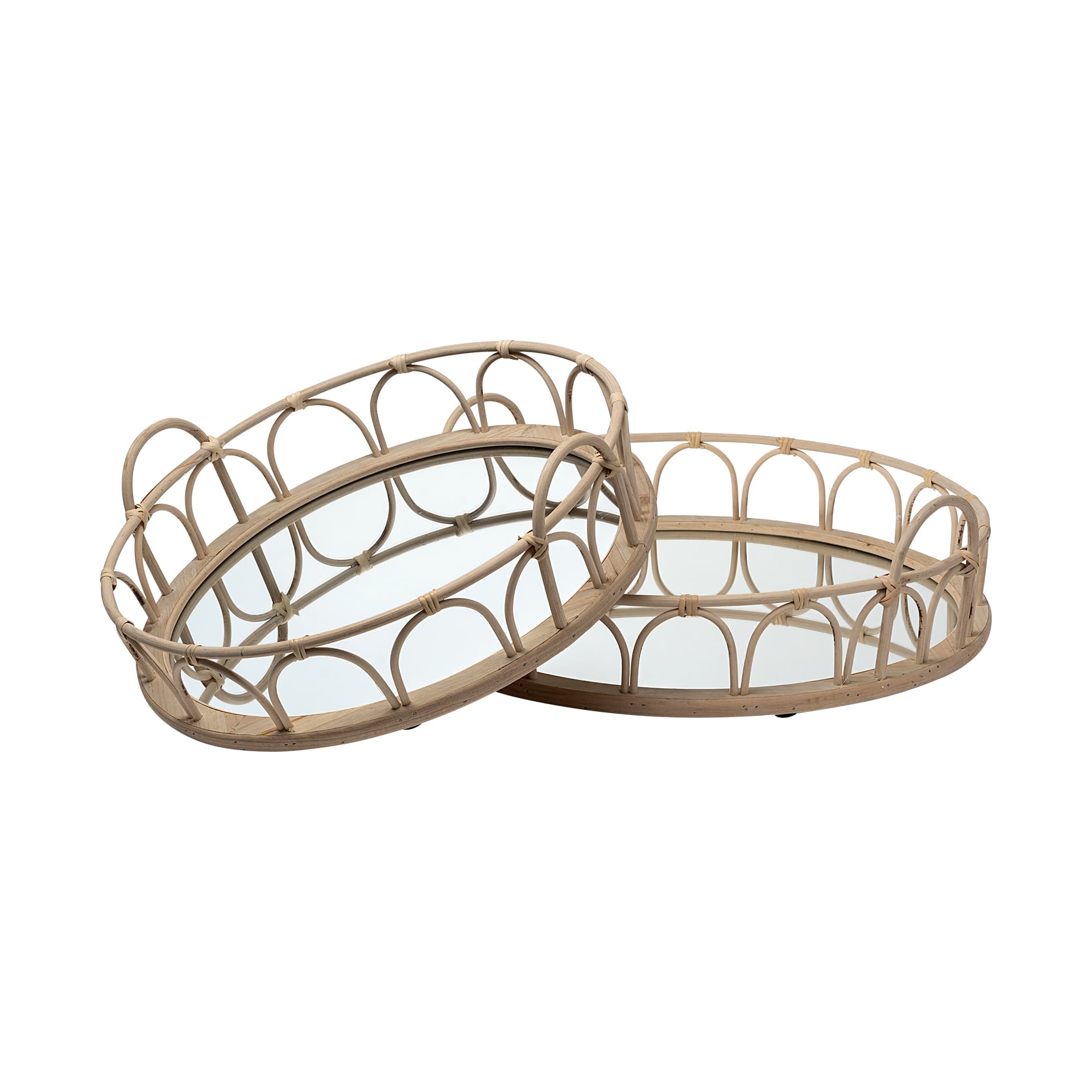 Leona (Set of 2) Natural Wicker Woven Mirrored Base Nesting Trays — product photograph