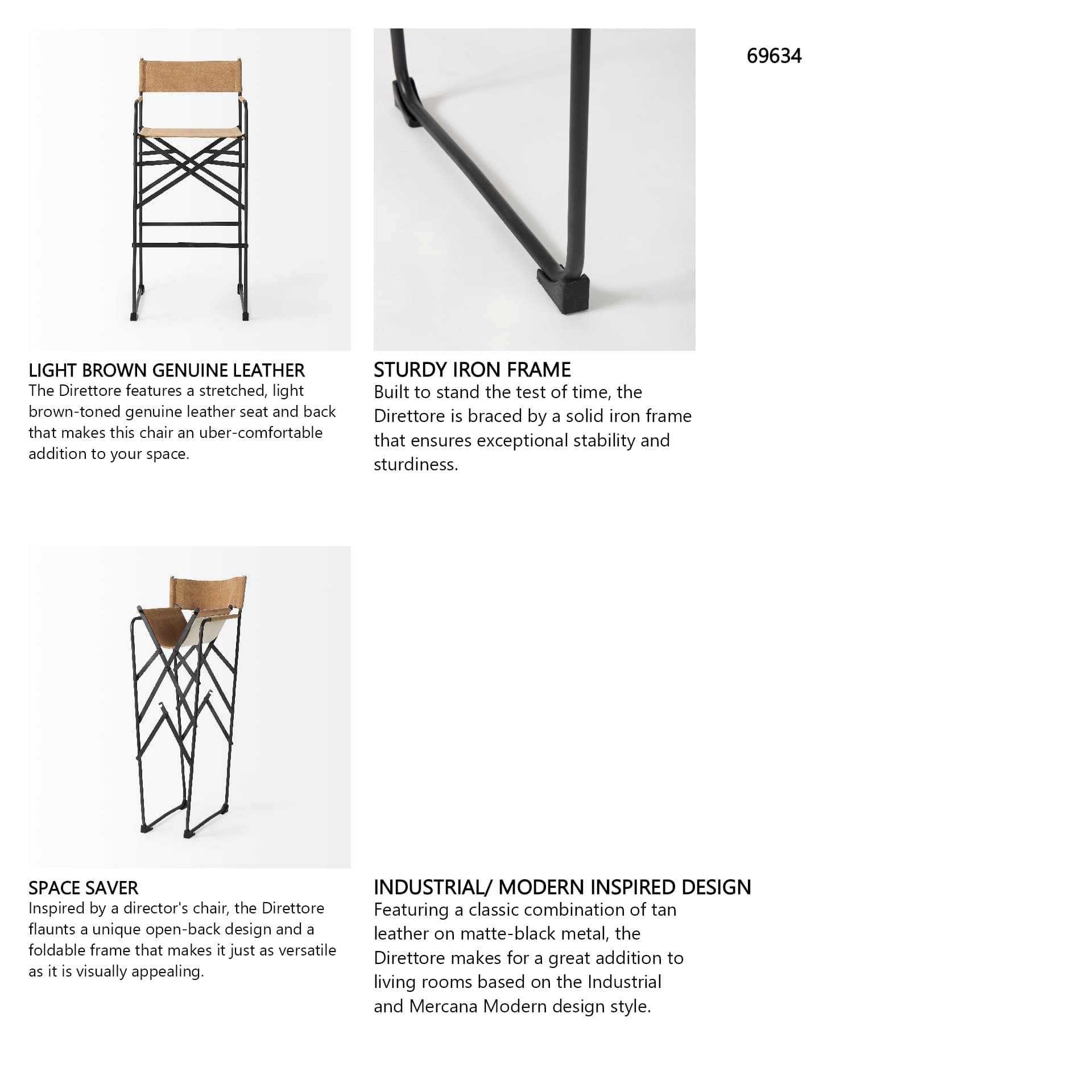 Direttore Backless 44.1in Seat Bar Stool | Brown Leather w/ Black Iron — product photograph