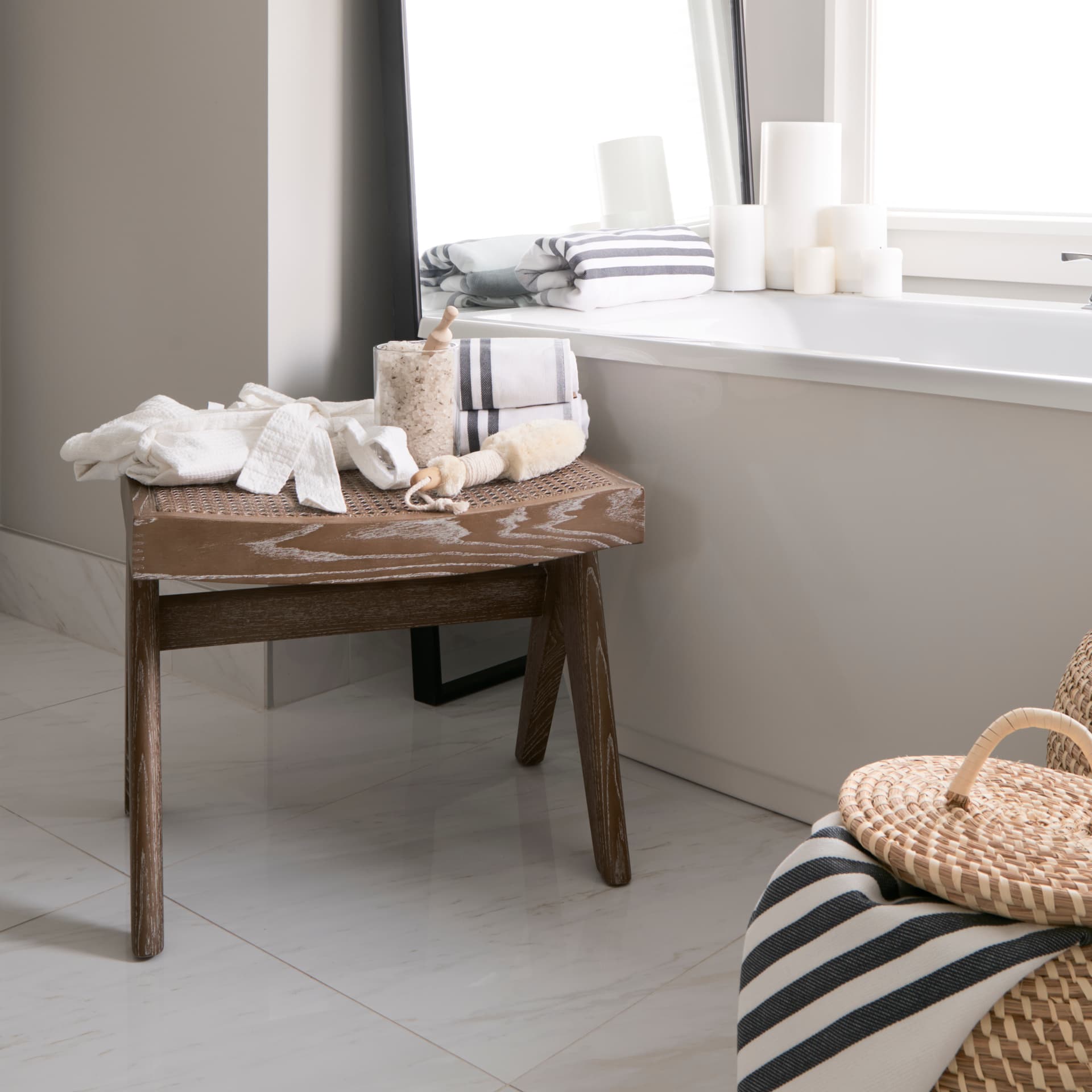 Arvin 21.7L x 17.7W x 18.1H Medium Brown Wooden Stool — in a styled room