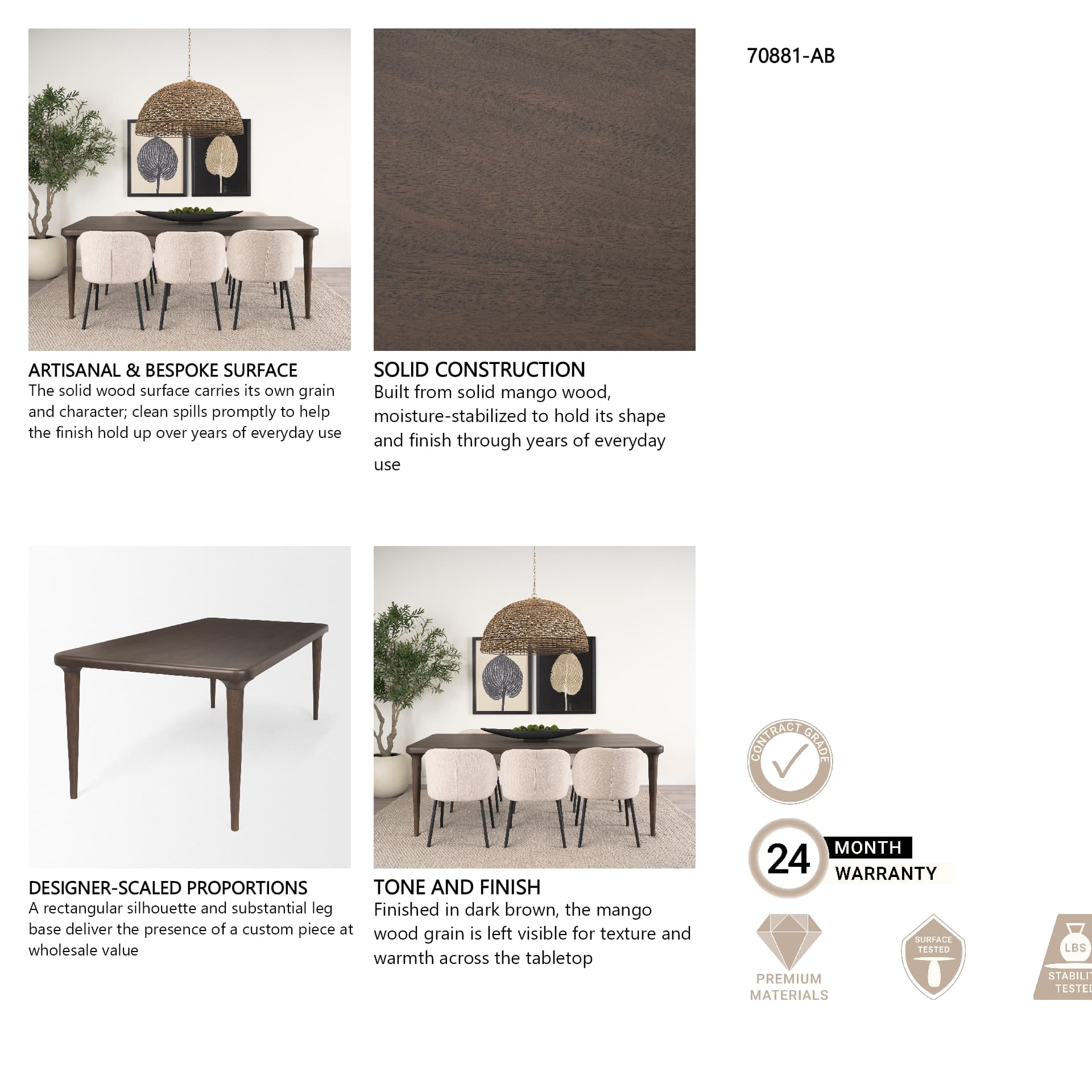 Suvan 72"L x 36"W Rectangular Dining Table | Modern | Med-Dark Brown Wood | Seats 6 — in a styled room