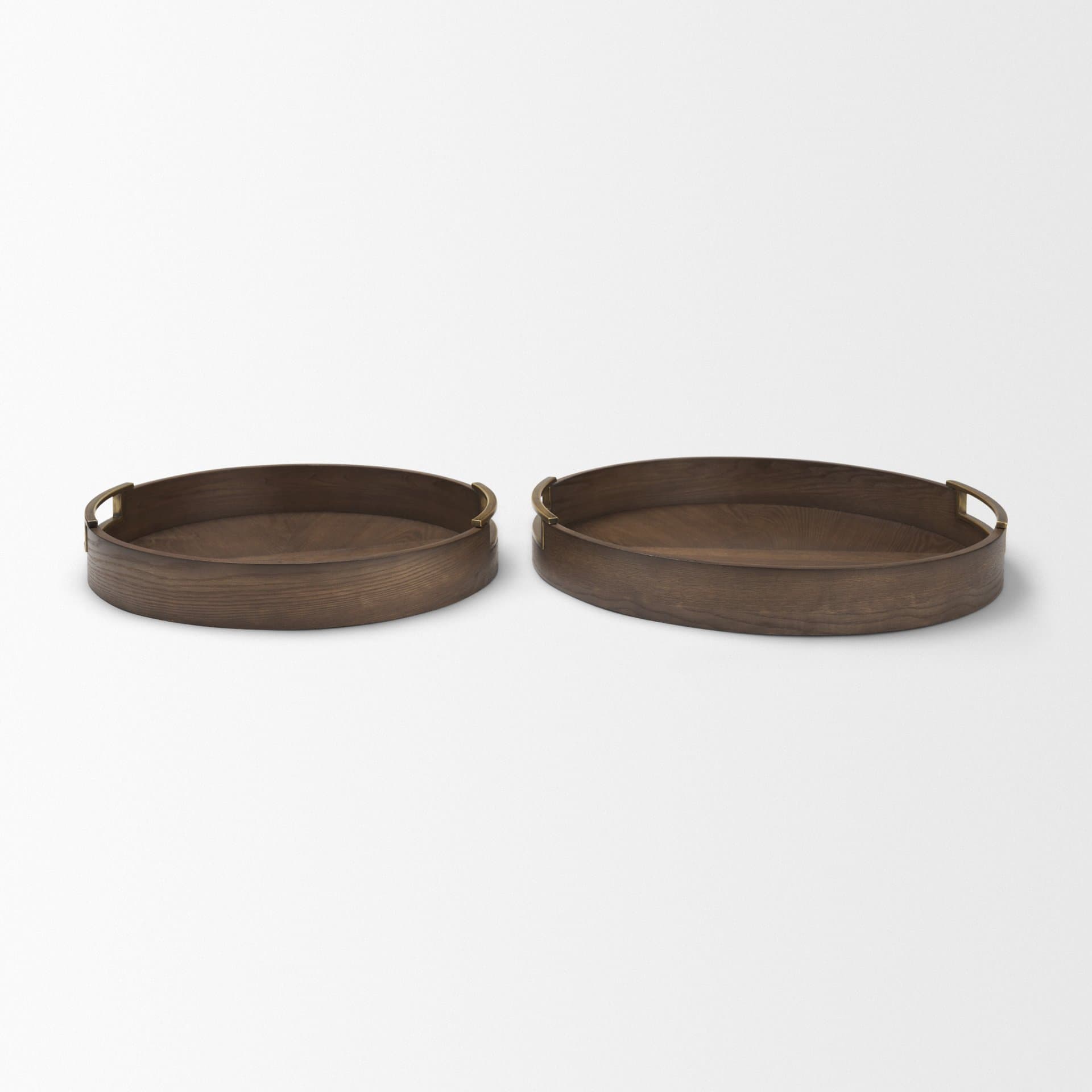 Langford Round Dark Brown Walnut Wood w/ Brass Handles Decorative Tray Set — product photograph