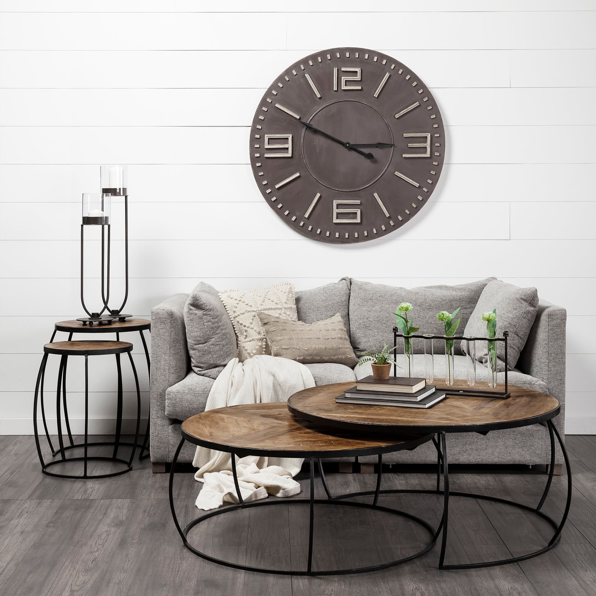 Clapp III (Set of 2) 20L x 20W Brown Round Wood Top W/ Black Metal Frame Nesting Accent Tables — in a styled room
