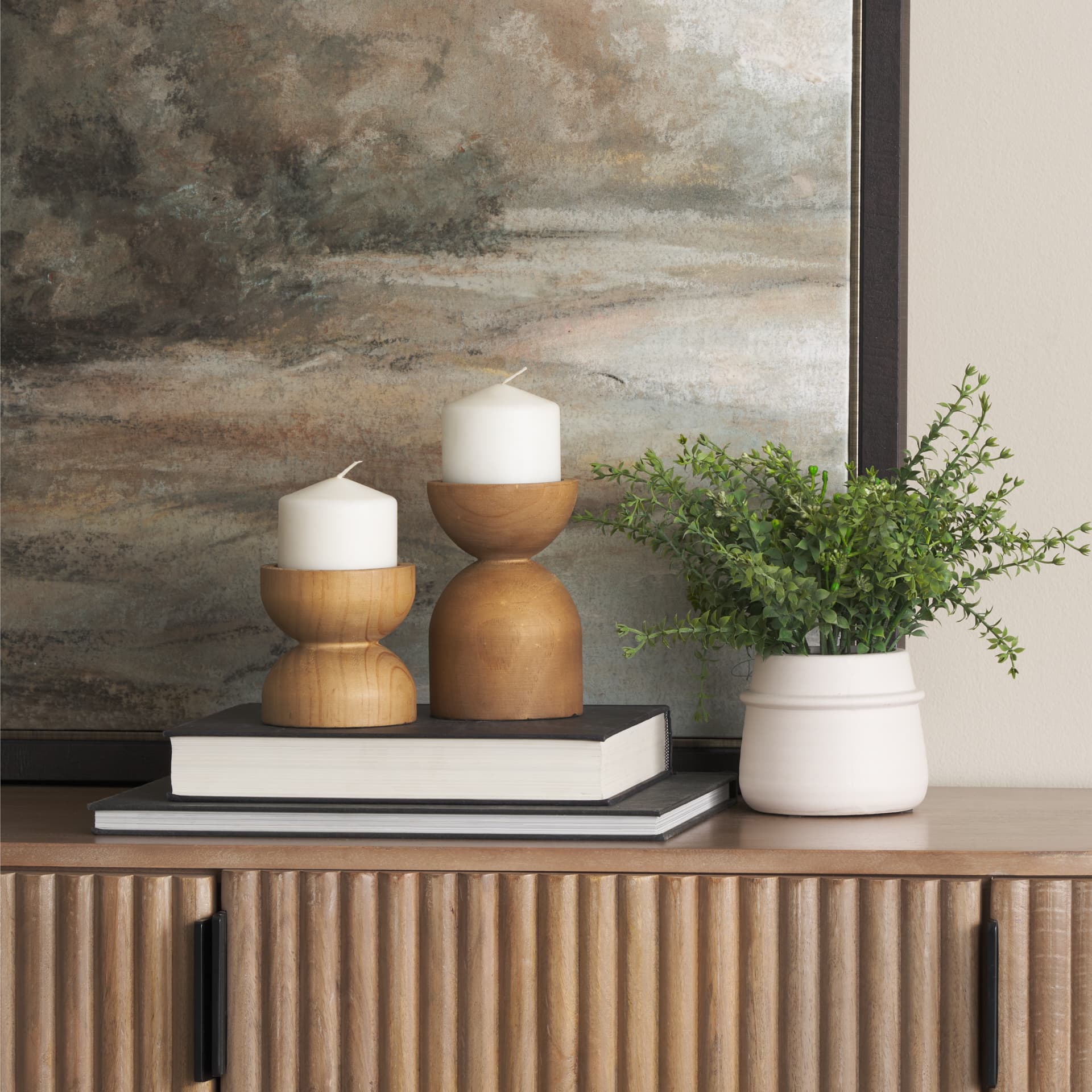 Aleena Wooden Candle Holder (Set of 2) — in a styled room