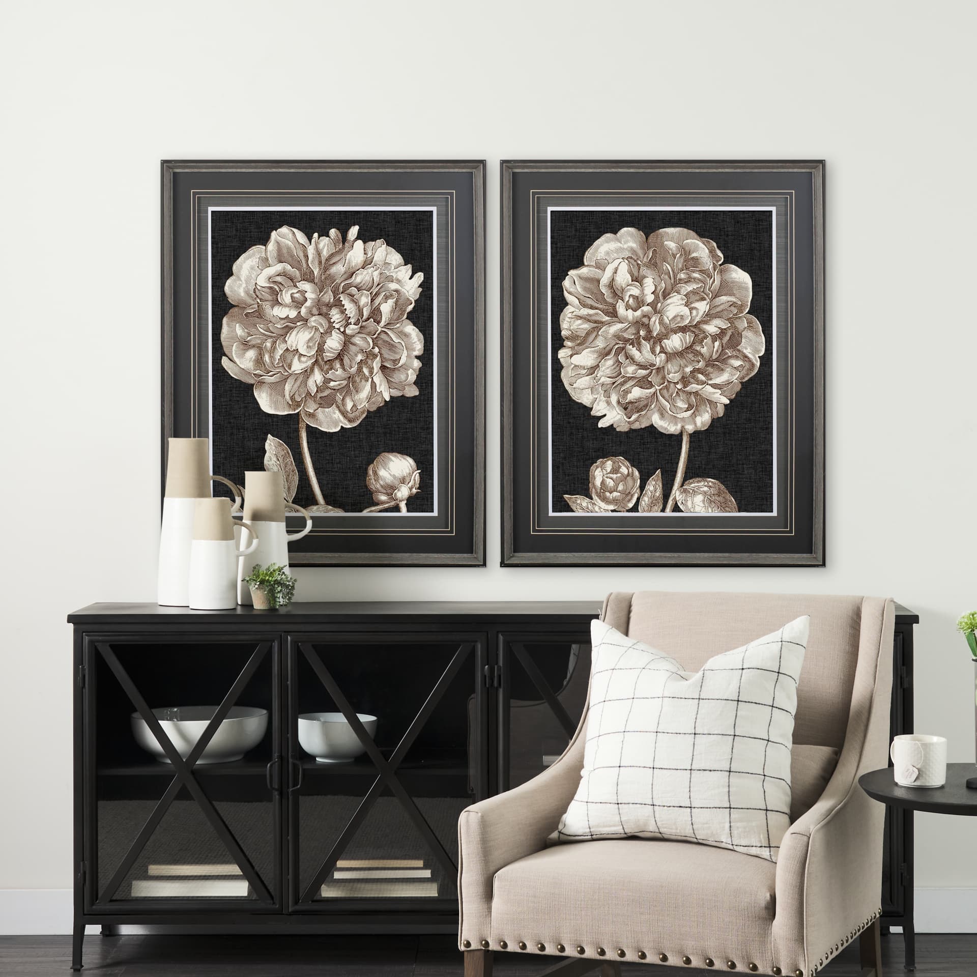 Dramatic Peony I by Vision Studio a Hand Embellished Textured Framed Art Print Matted under Glass — in a styled room