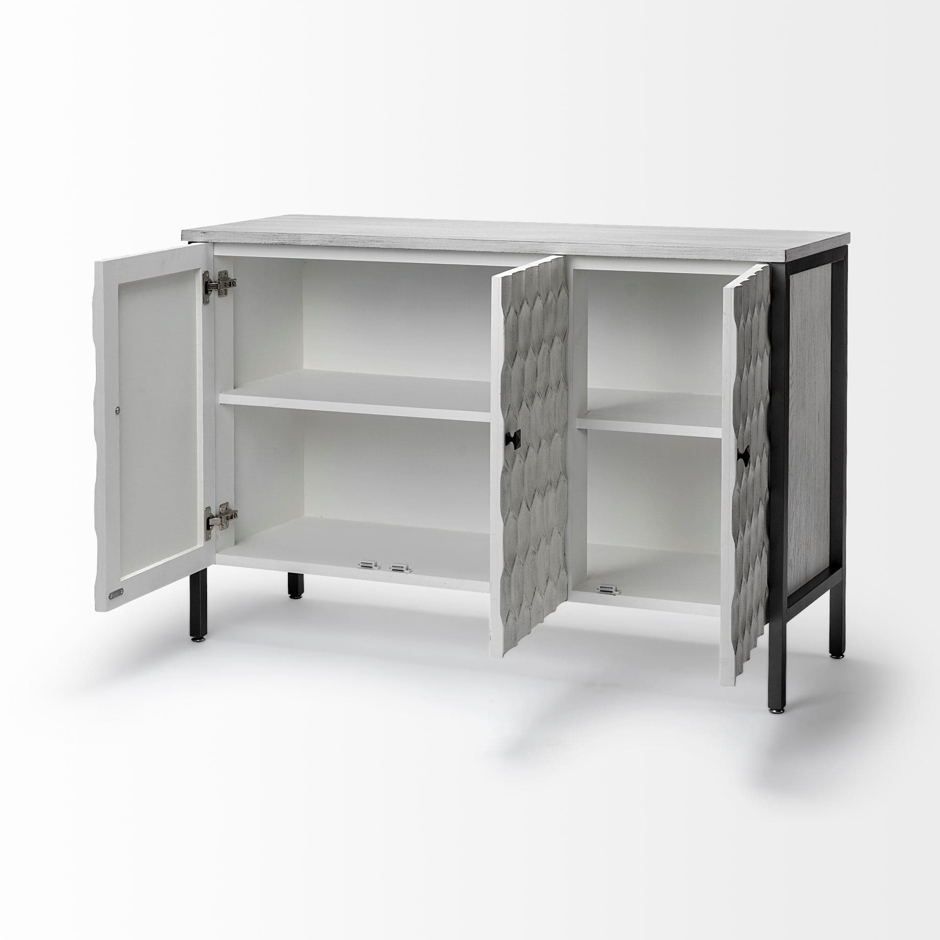 Savannah White Fir Veneer & Gray Metal 3-Door Accent Cabinet — product photograph