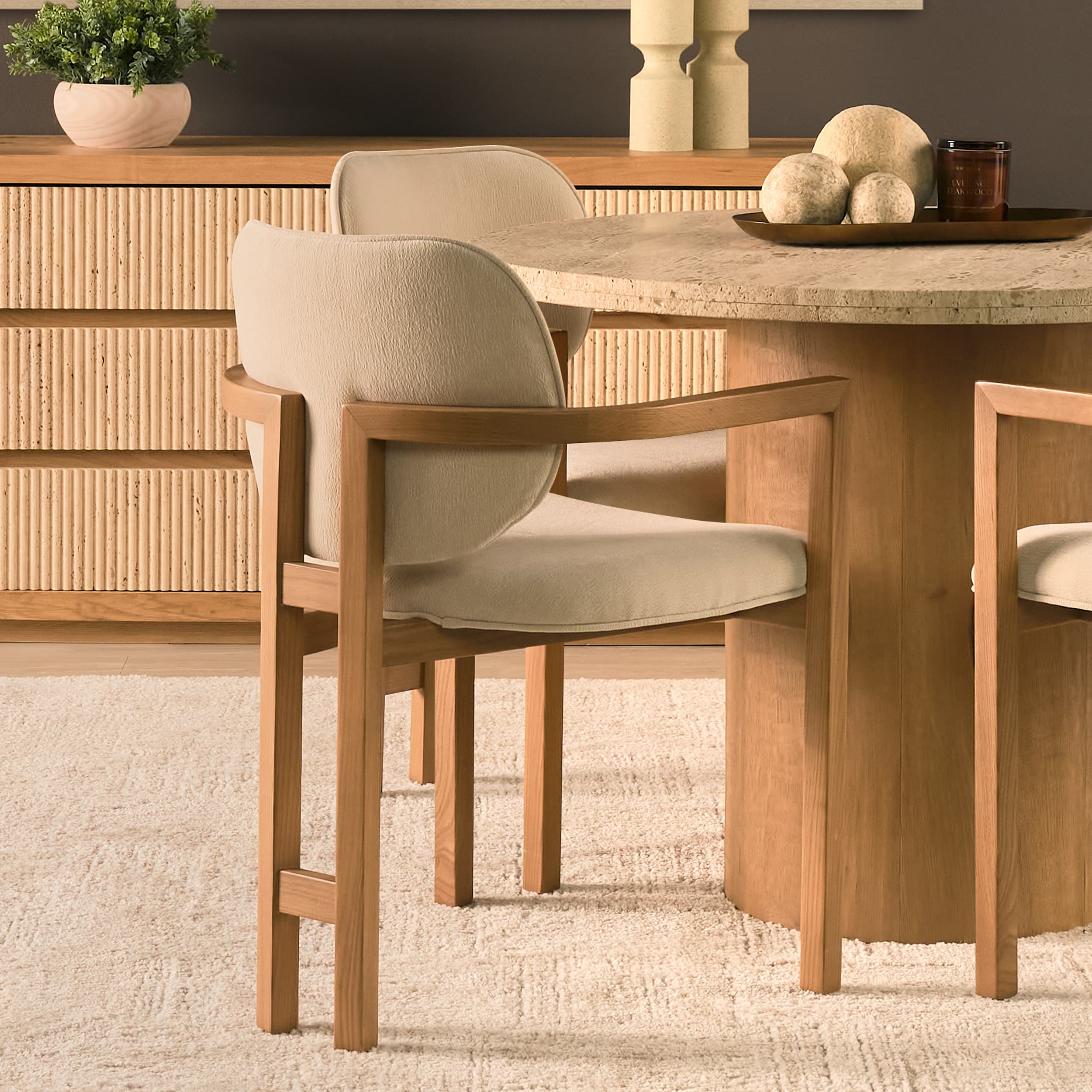 Carlisle Curved Back Dining Arm Chair | Cream Chenille w/ Brown Wood — product photograph