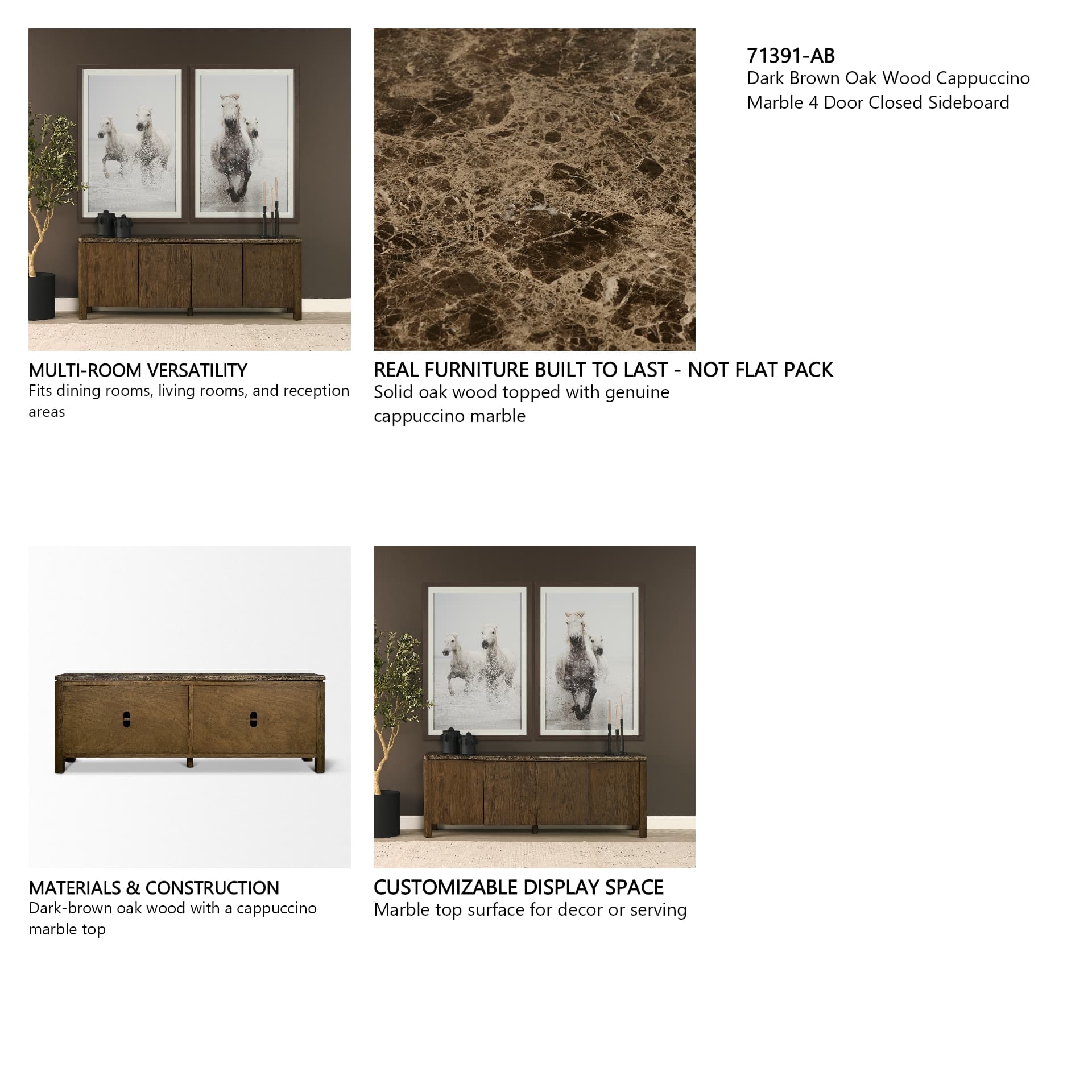 Kendrix Dark Brown Oak Wood Cappuccino Marble 4 Door Closed Sideboard — product photograph