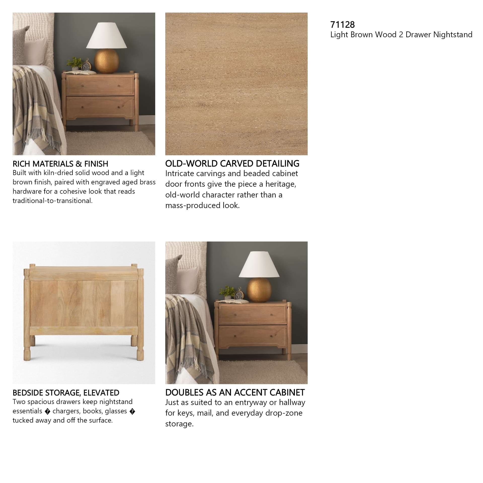 Phil Light Brown Wood 2 Drawer Nightstand — product photograph