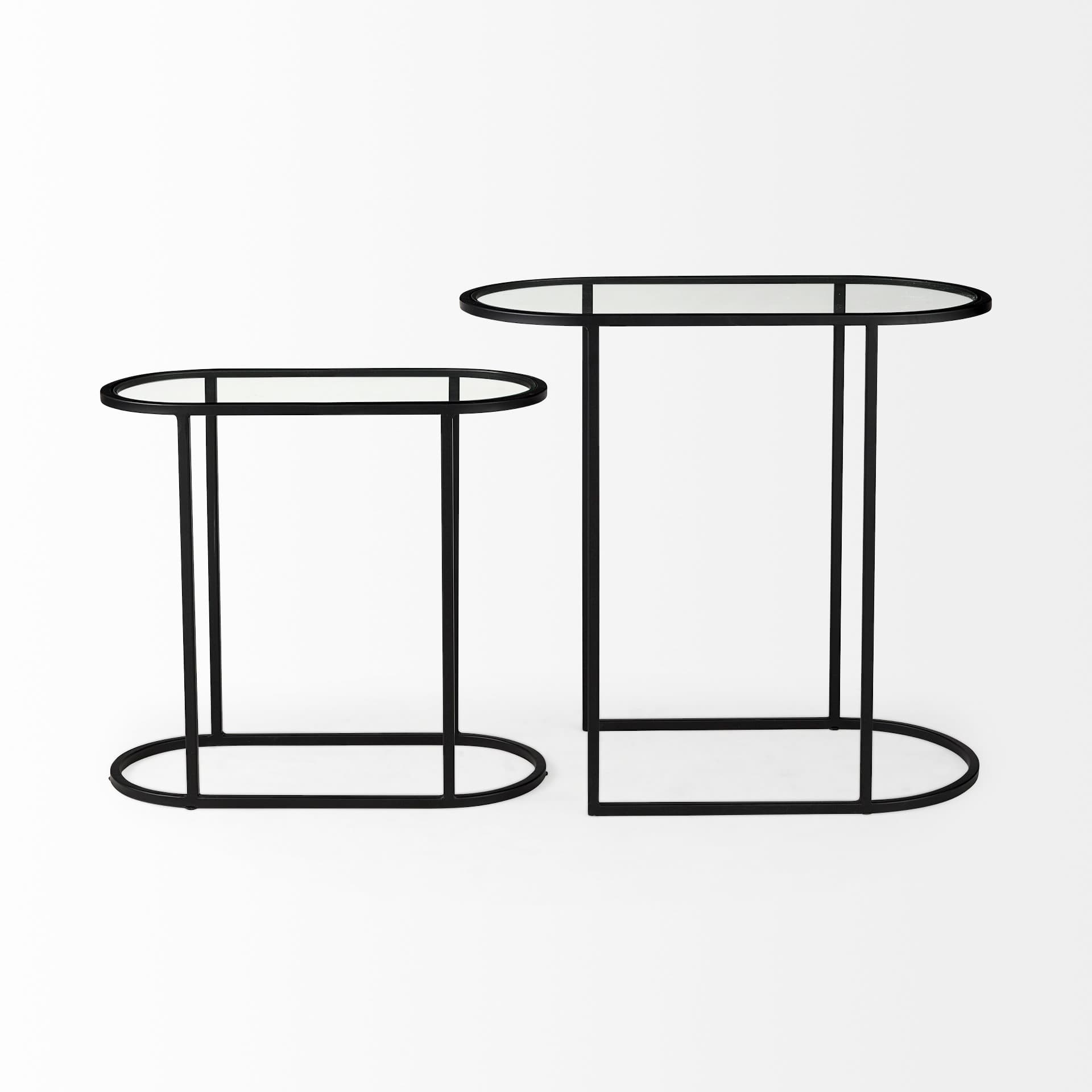 Celine 24.2 L x 12.6 W x 22.4 H Set of Two Black/Silver Metal and Glass Nesting Accent Tables — product photograph