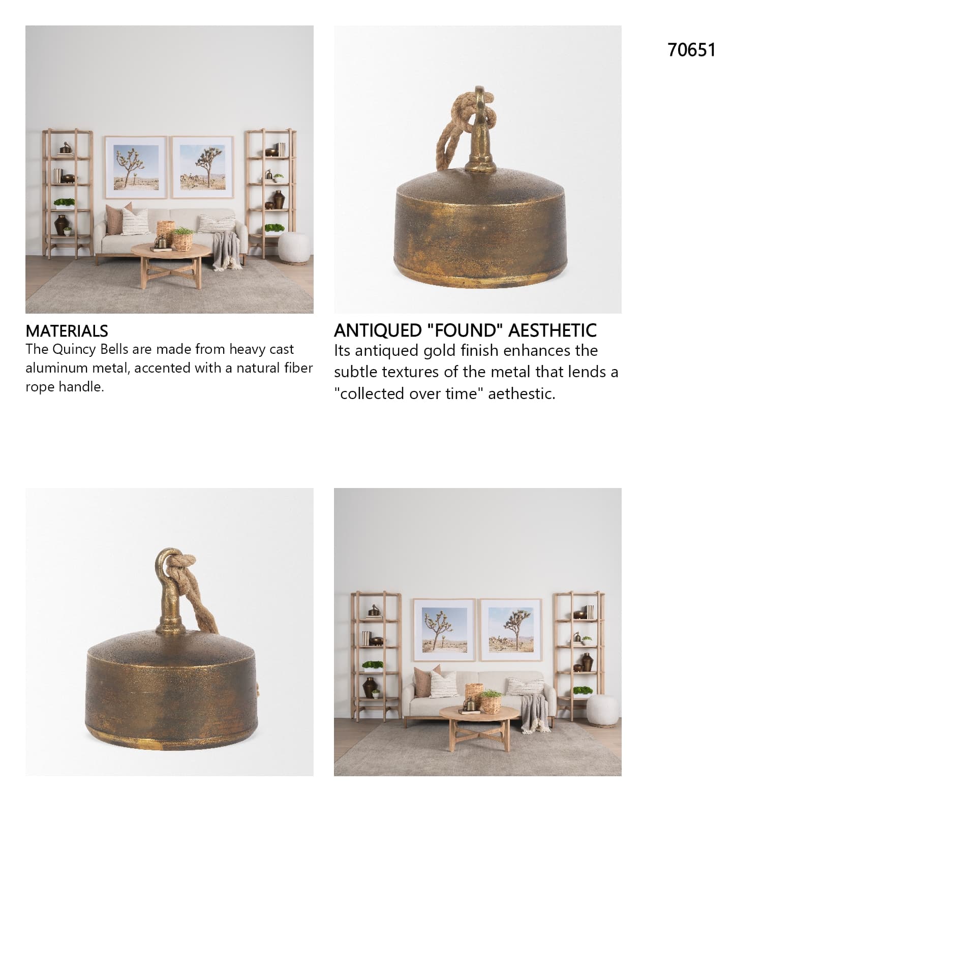 Quincy Large Gold Metal Decorative Bell Object — in a styled room