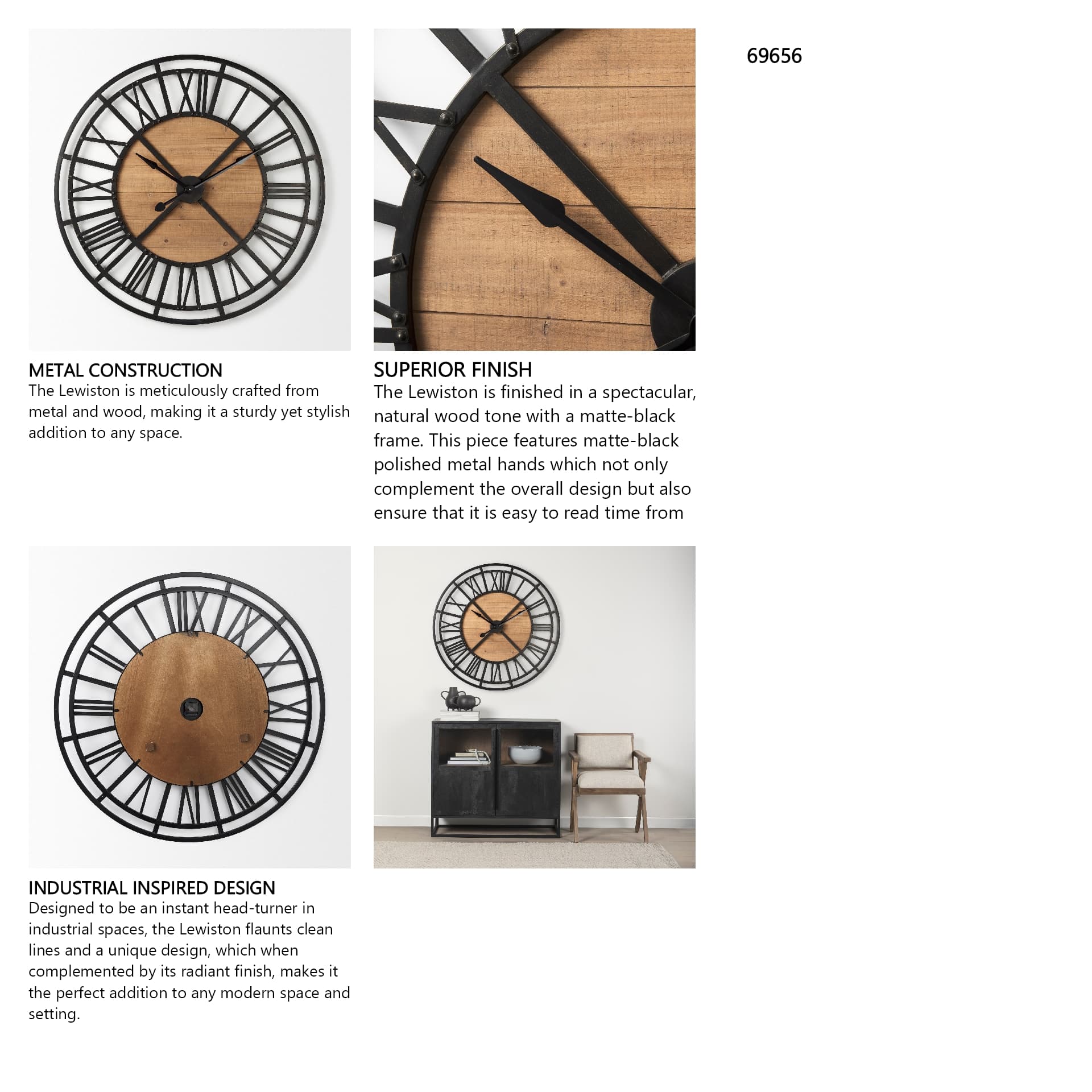 Lewiston 42.1L x 2.6W x 42.1H Black Iron W/Wood Round Wall Clock — in a styled room