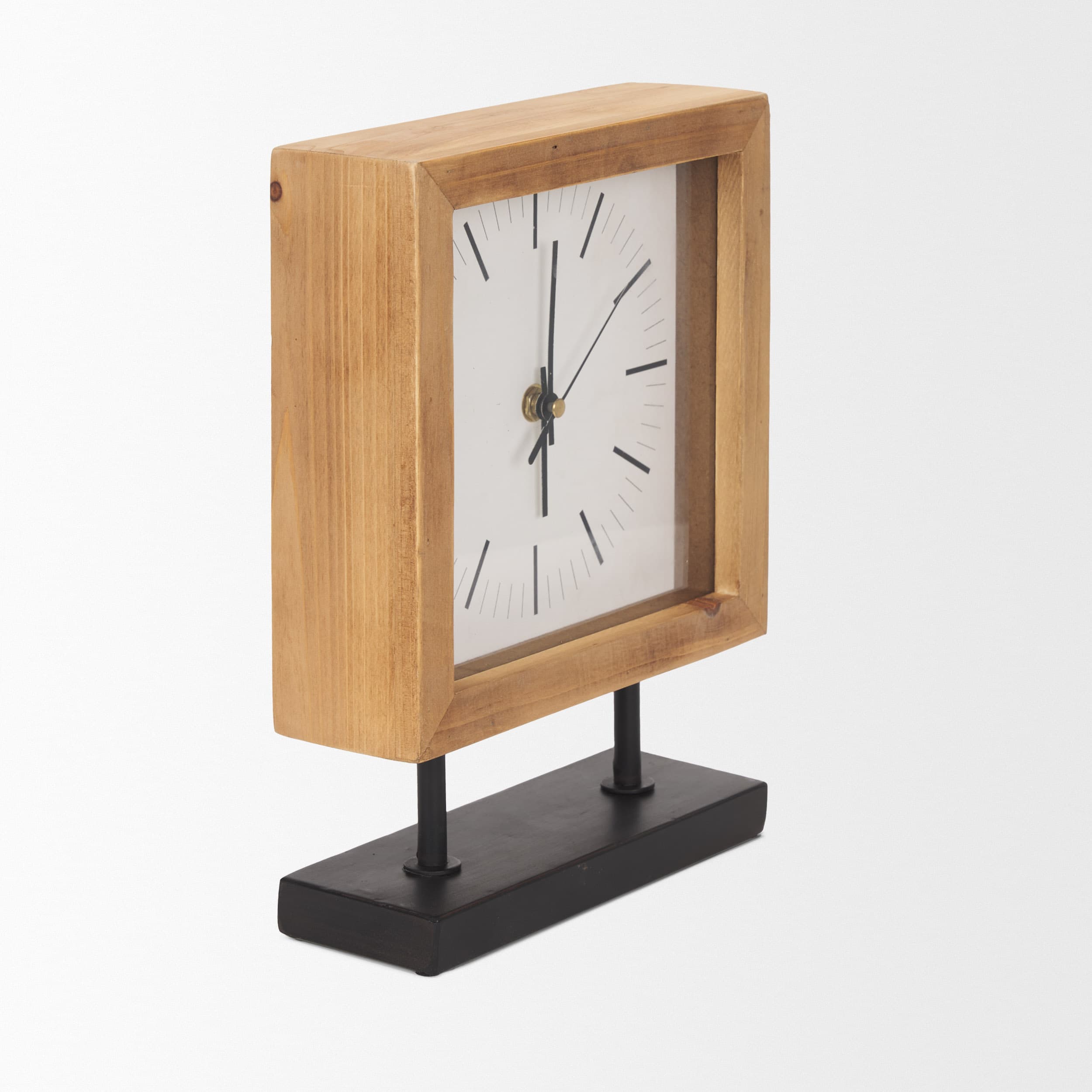 Renaya Light Brown Wood w/ Matte Black Metal Base Table Clock — product photograph