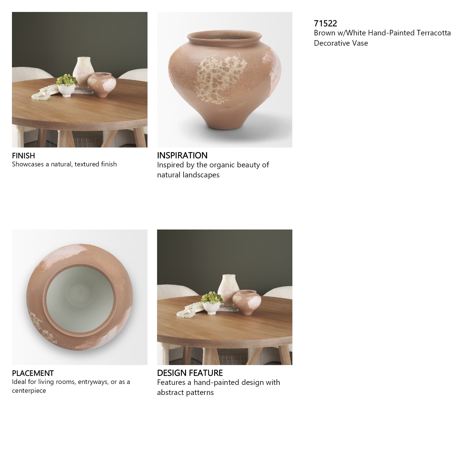 Velo Brown w/White Hand-Painted Terracotta Decorative Vase — in a styled room