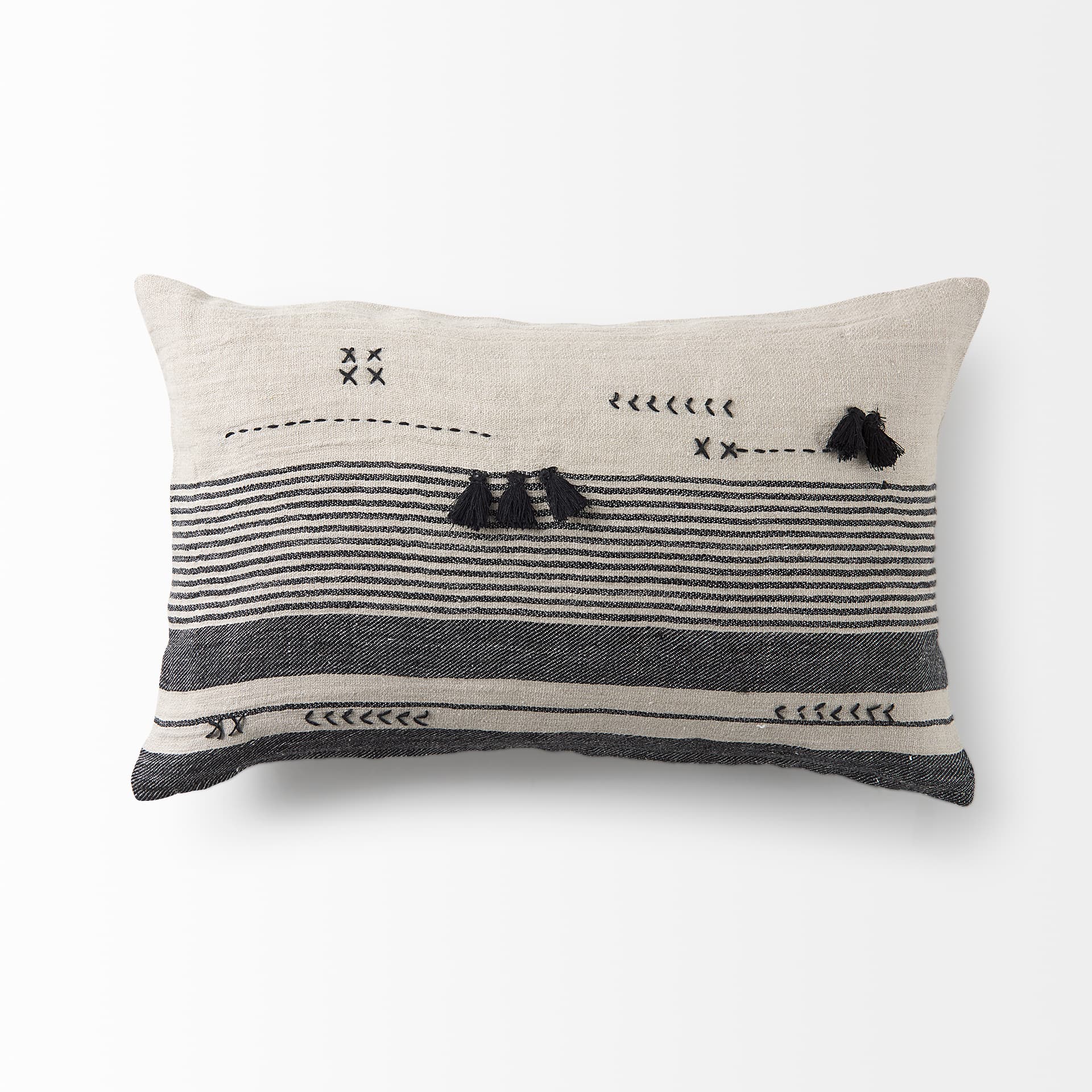 Thalia 13x21 Black and Beige Fabric Striped w/Fringe Pillow Cover w/Down Filler — product photograph