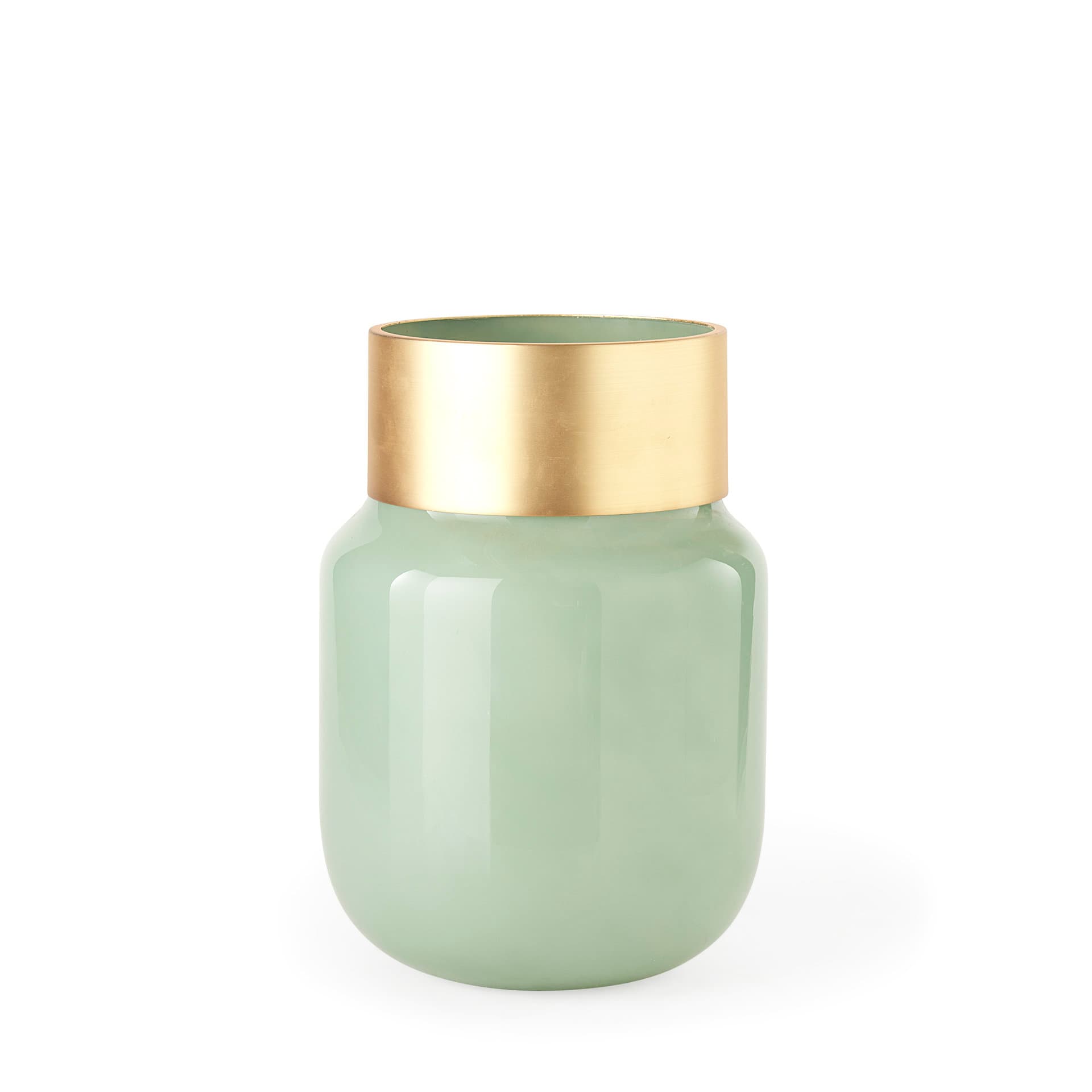Minty Medium 8.7L x 8.7W x 12.4H Green Glass Vase W/Matte Gold Metal Neck Cuff — product photograph