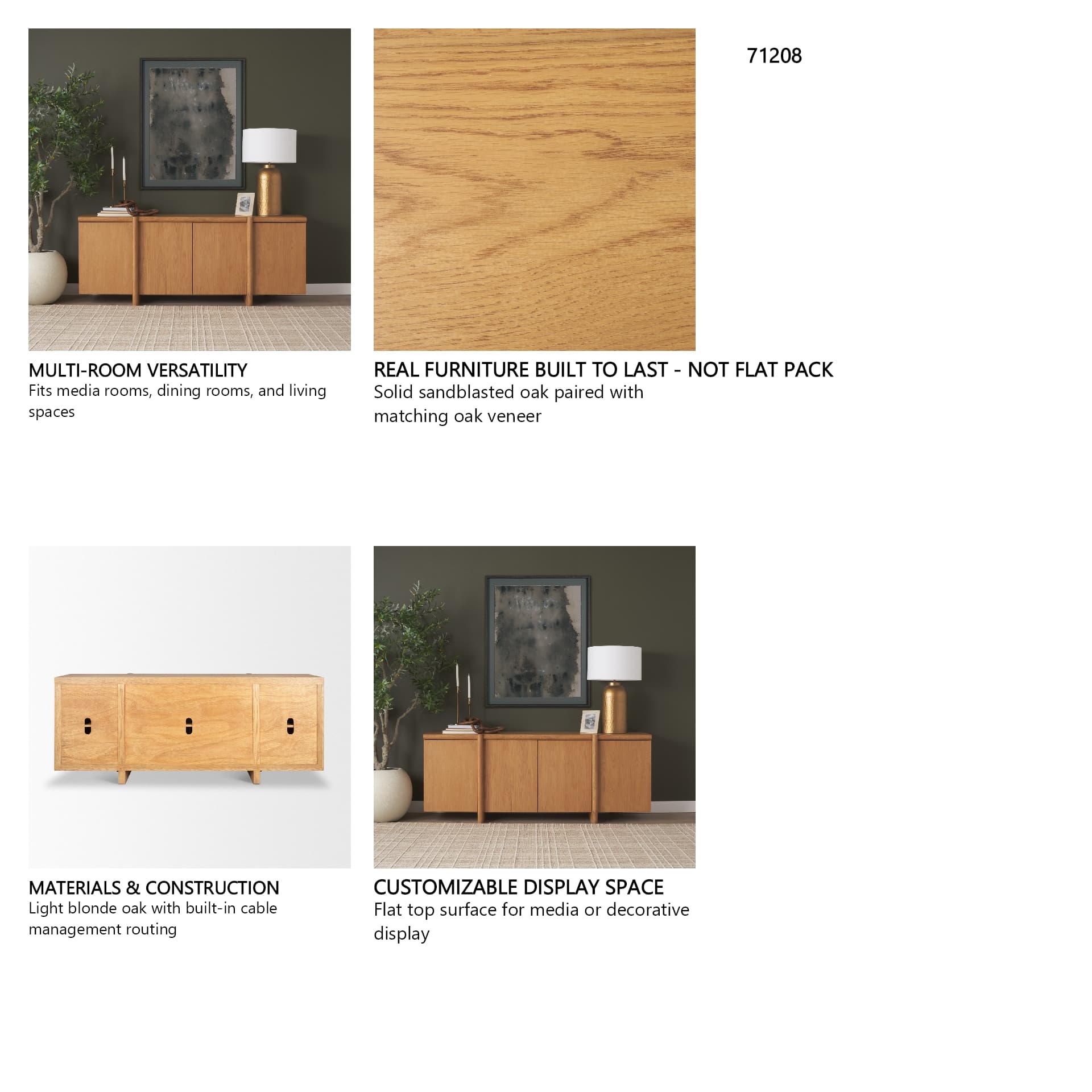 Rowan Light Brown Oak Wood Closed 4 Door Sideboard — in a styled room