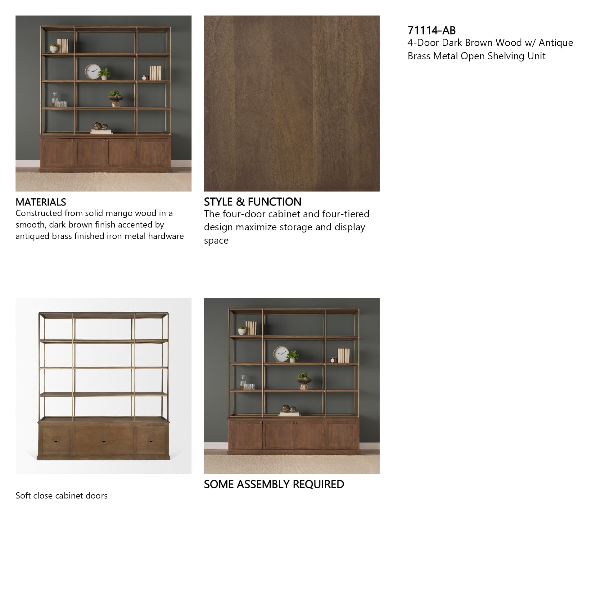 Baron 4-Door Dark Brown Wood w/ Antique Brass Metal Open Shelving Unit — in a styled room