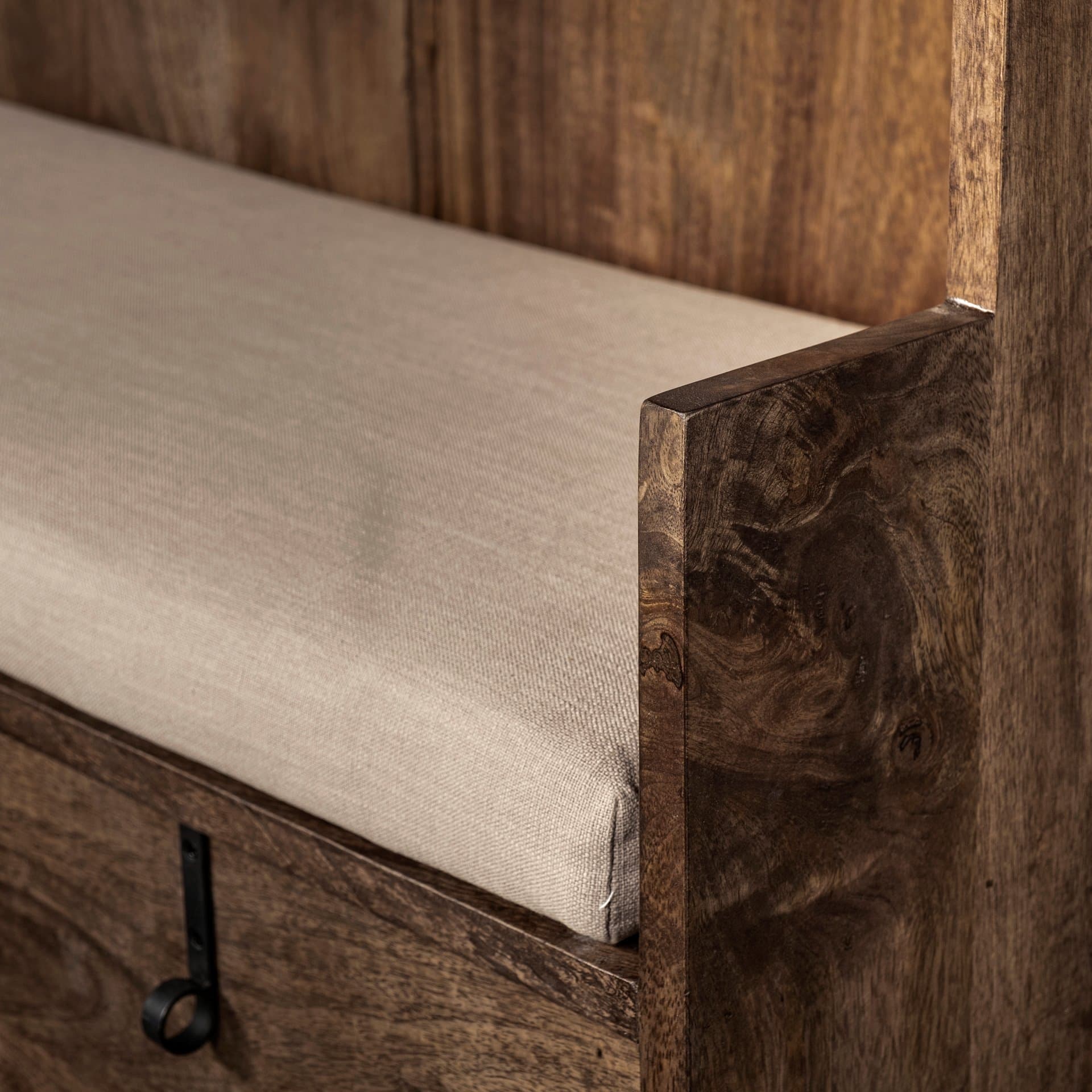 Glenn V 56L x 17W Dark Brown Wood w/ Cream Fabric Seat, 3 Drawers Hall Tree — product photograph