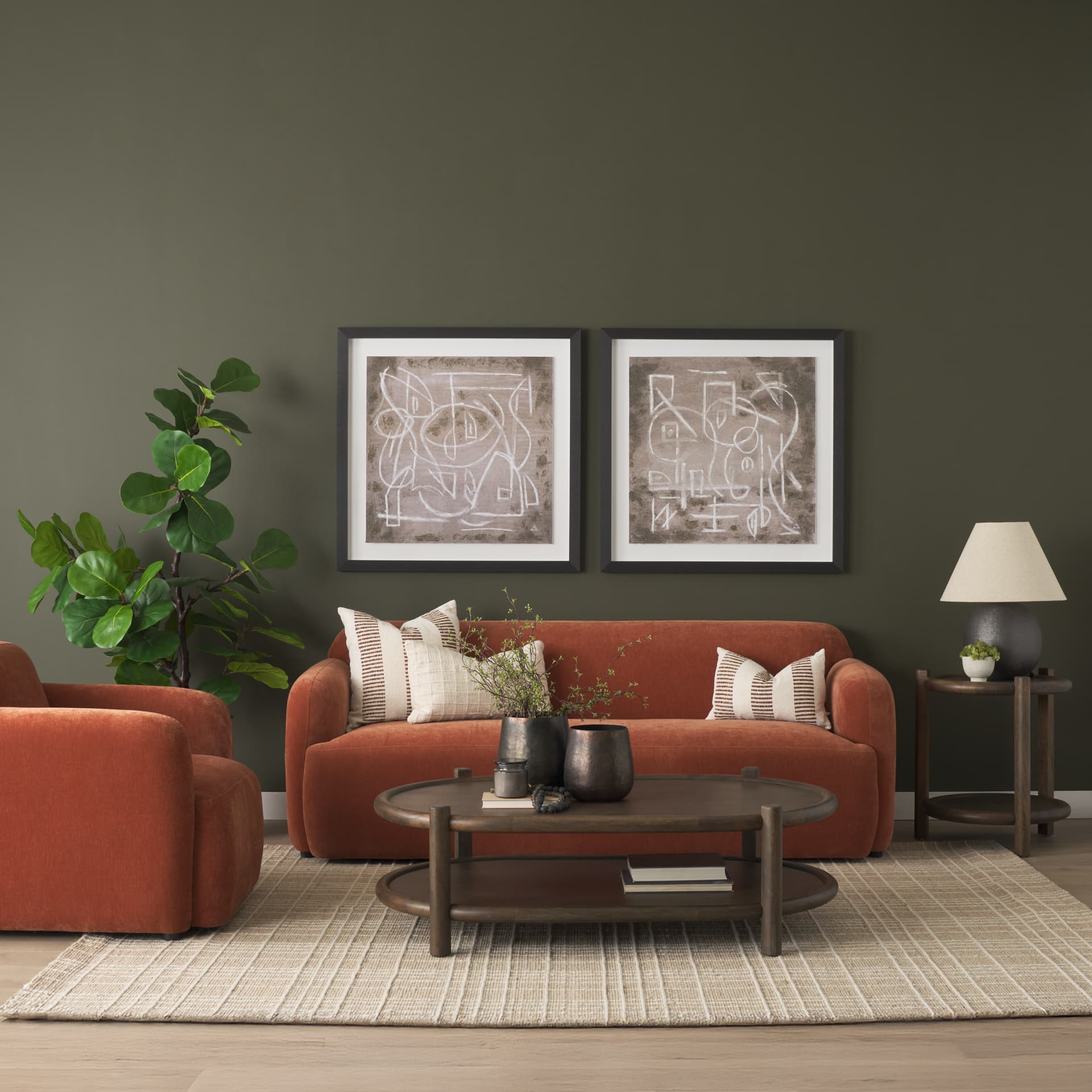 Saga Stonewashed Rust Chenille Fabric 3 Seater Sofa — in a styled room