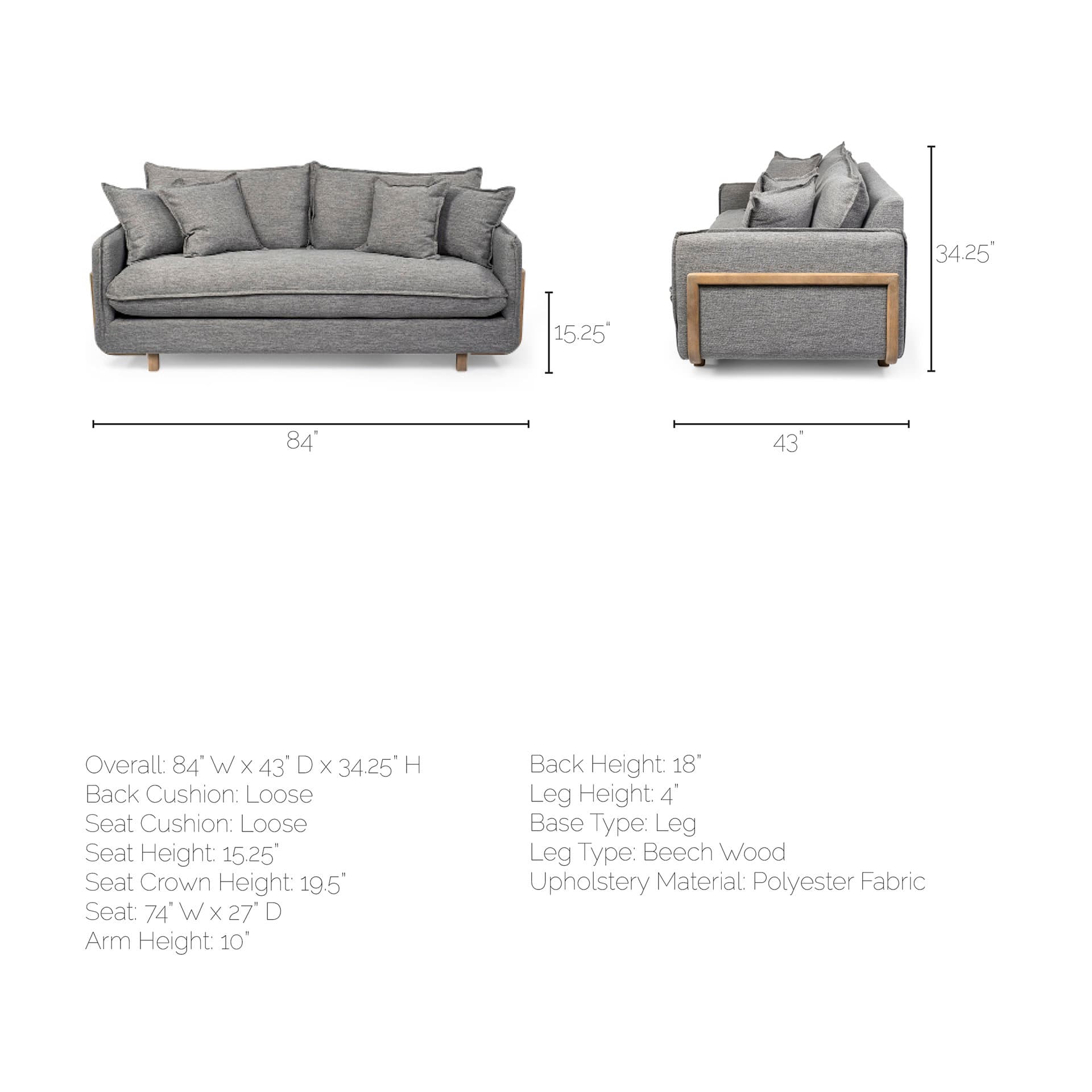 Roy I 84" Castlerock Gray Upholstered Three Seater Sofa — product photograph