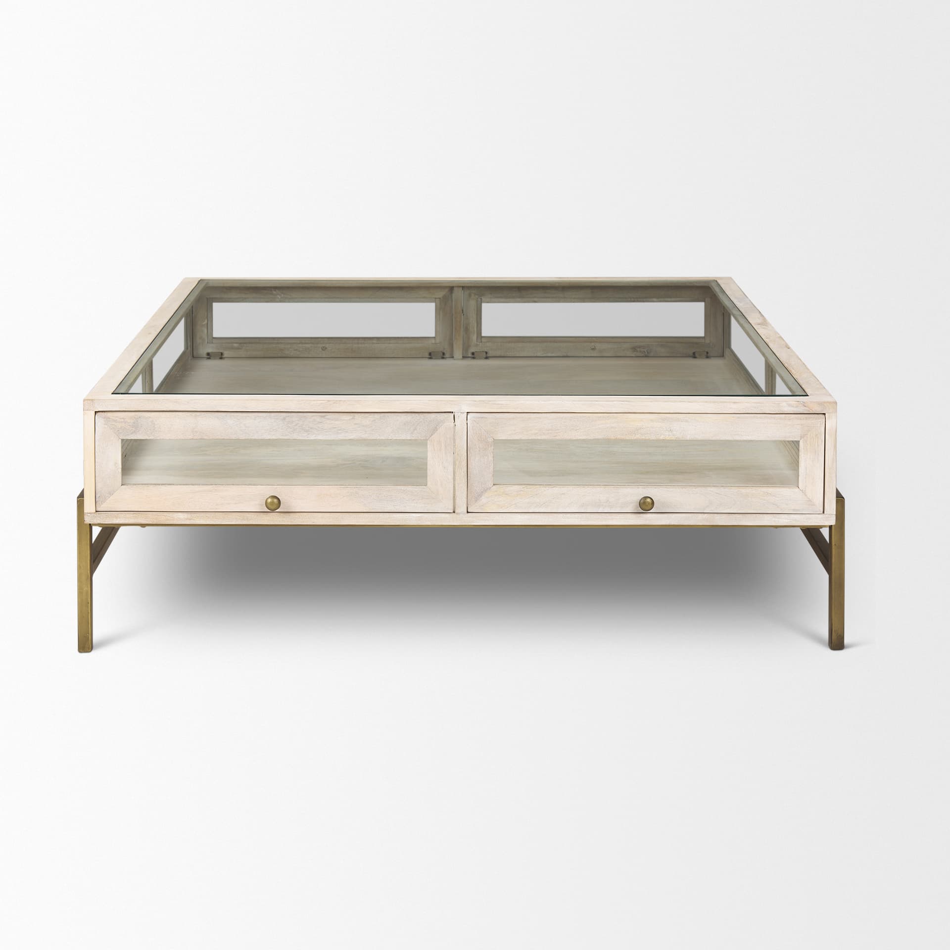 Arelius 42" Square Glass-Top White Wood w/ Gold Metal Base Display Coffee Table — product photograph