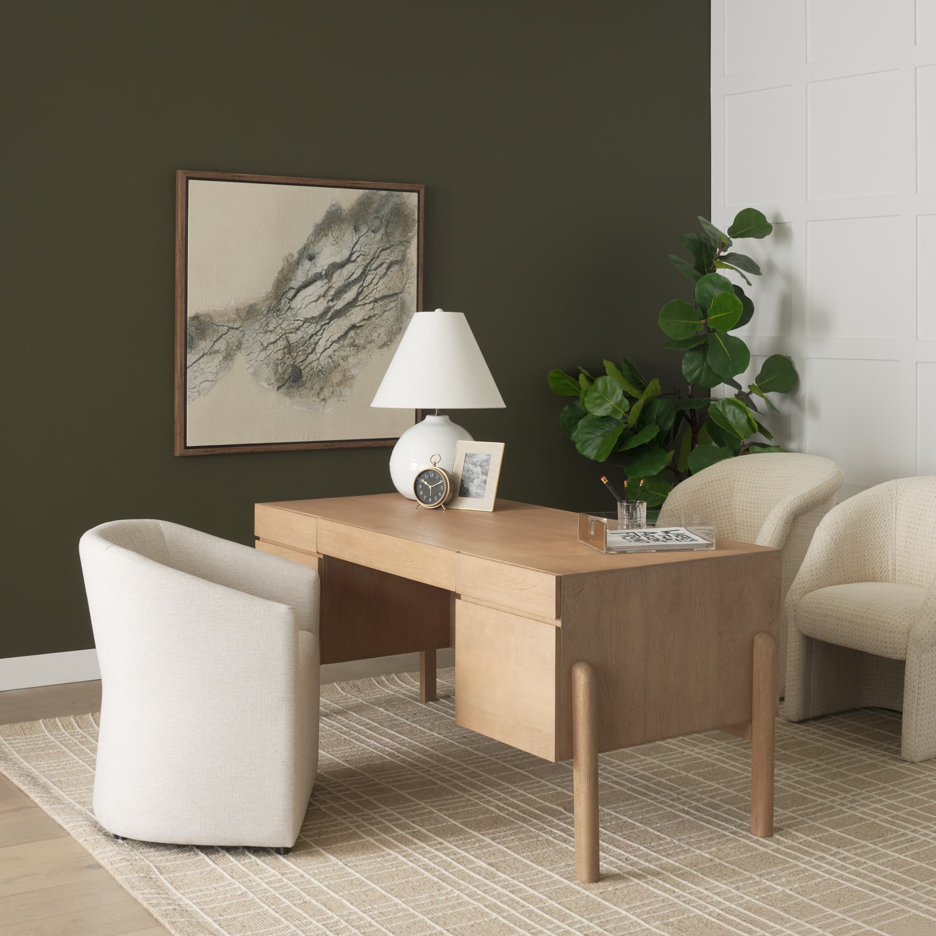 Trellyn Light Brown Solid Wood Carved Woven Desk — product photograph