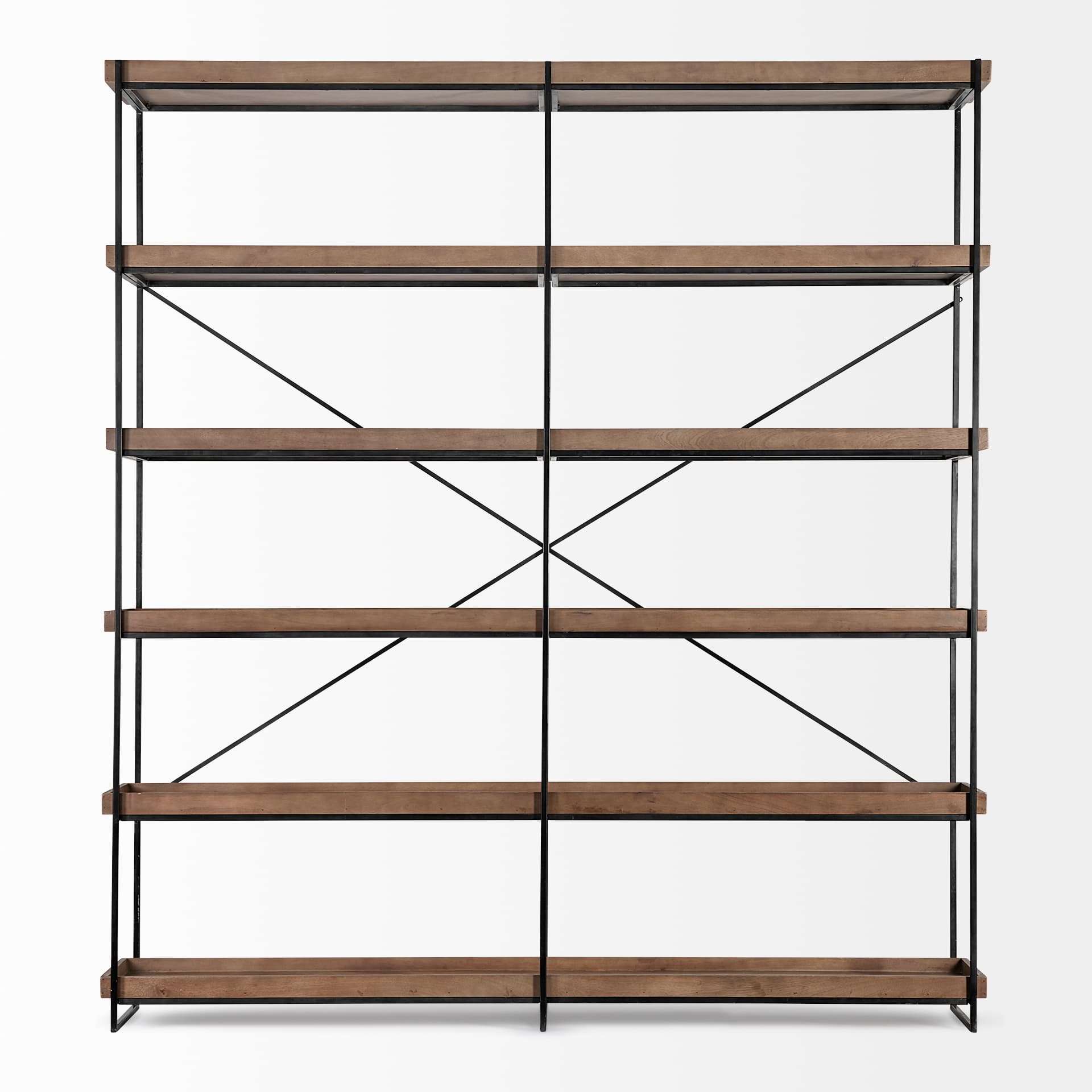 Trey IV 80L x 16W x 87.5H Medium Brown Wood and Iron Five Tray Shelf Shelving Unit — product photograph
