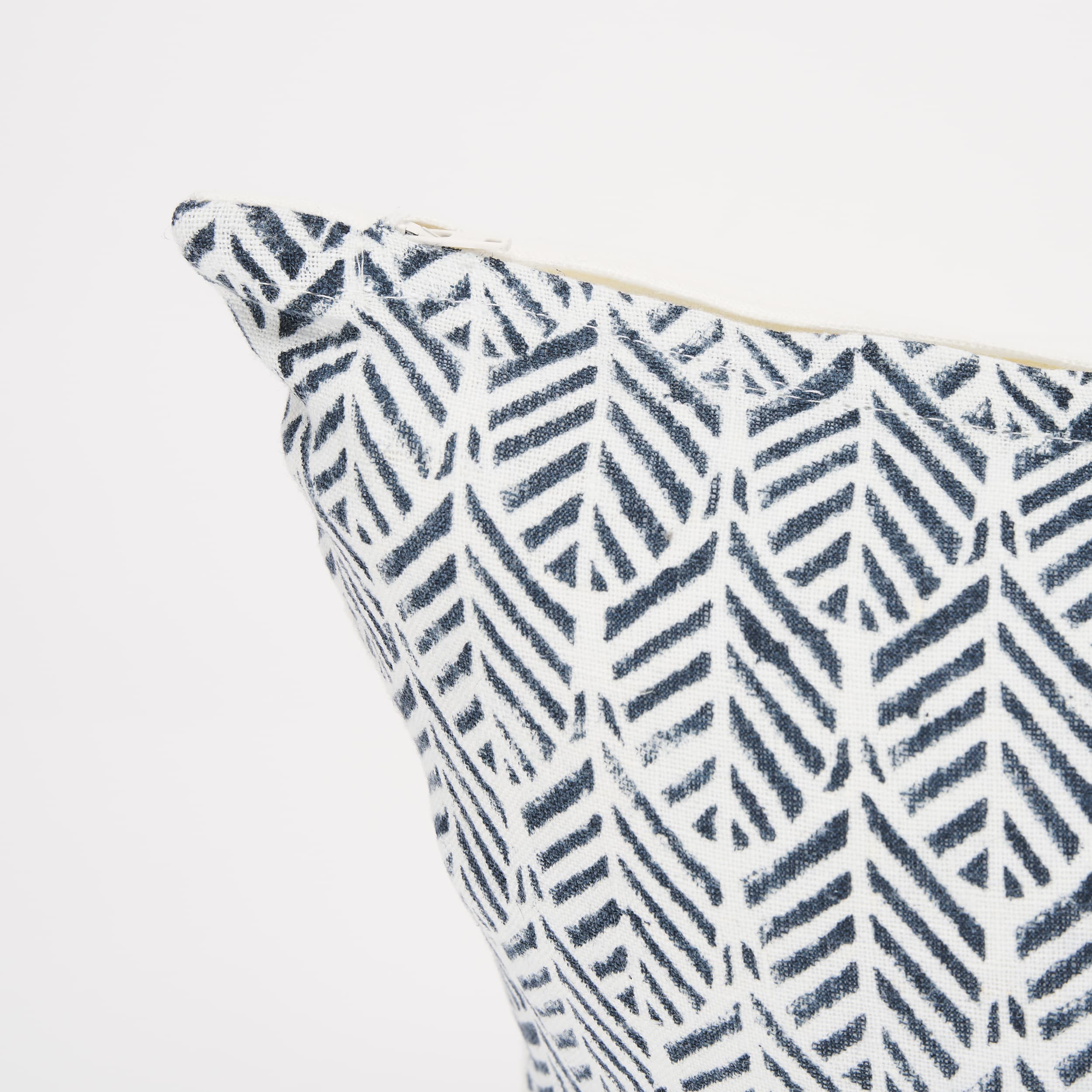 Janelle 14x26 Cream w/ Indigo Print Linen Lumbar Pillow Cover — product photograph