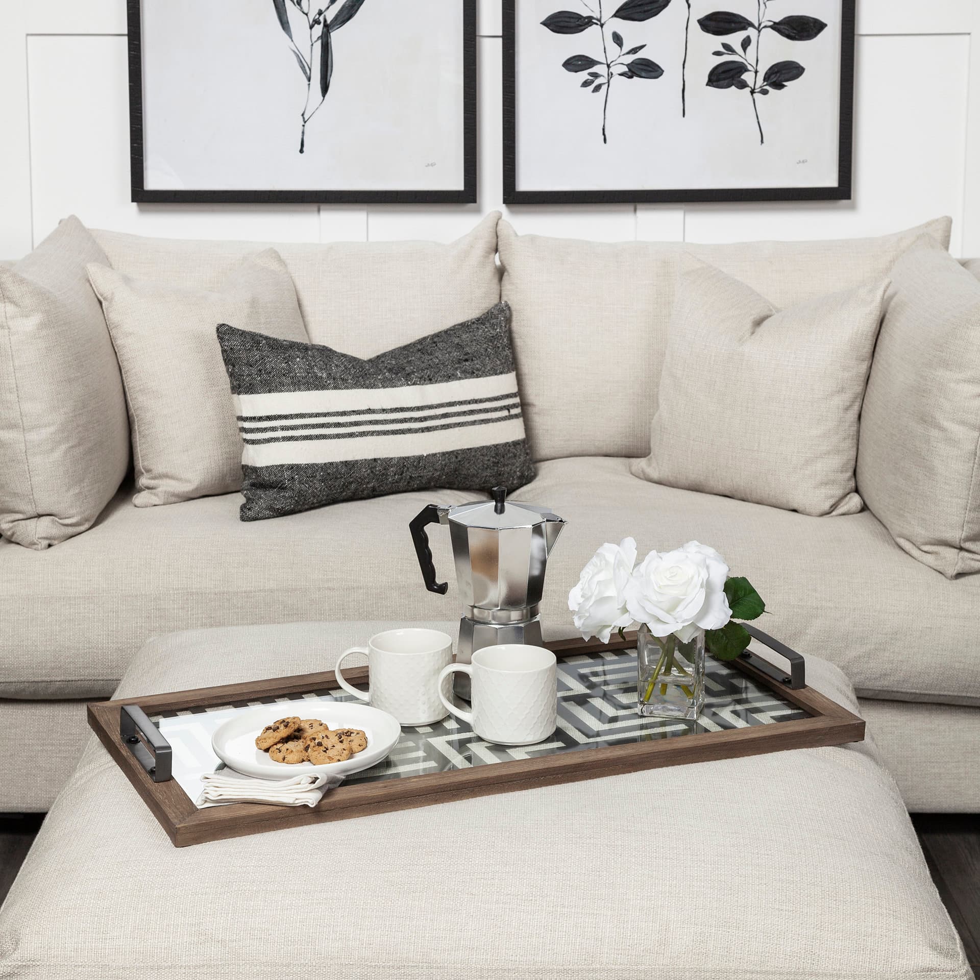 Fantuz 32L x 16W Gray Metal, Wood and Glass Serving Tray — in a styled room