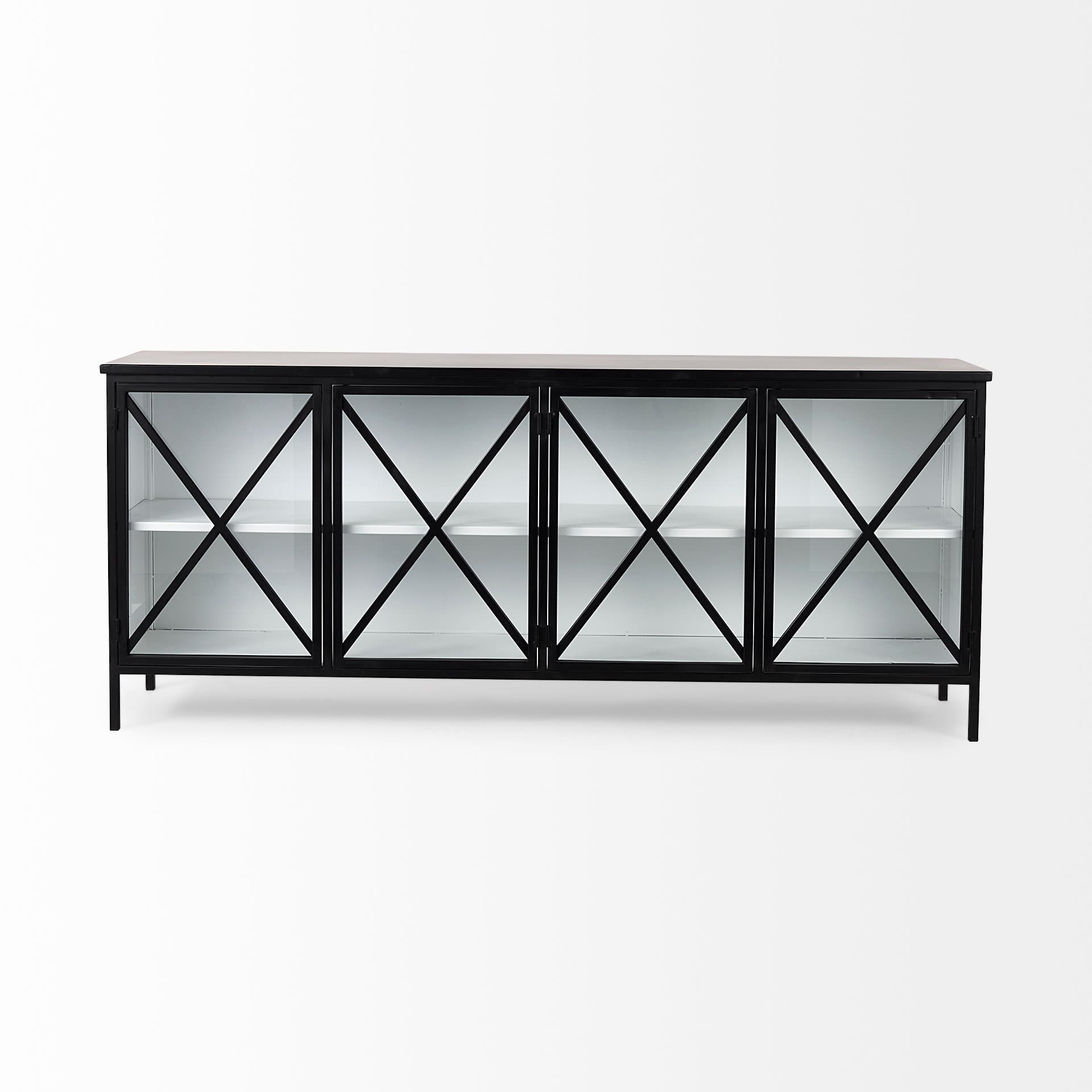 Aurelia 79.0L x 16.0W x 33.0H Black and White Metal Four Door Glass Cabinet — product photograph