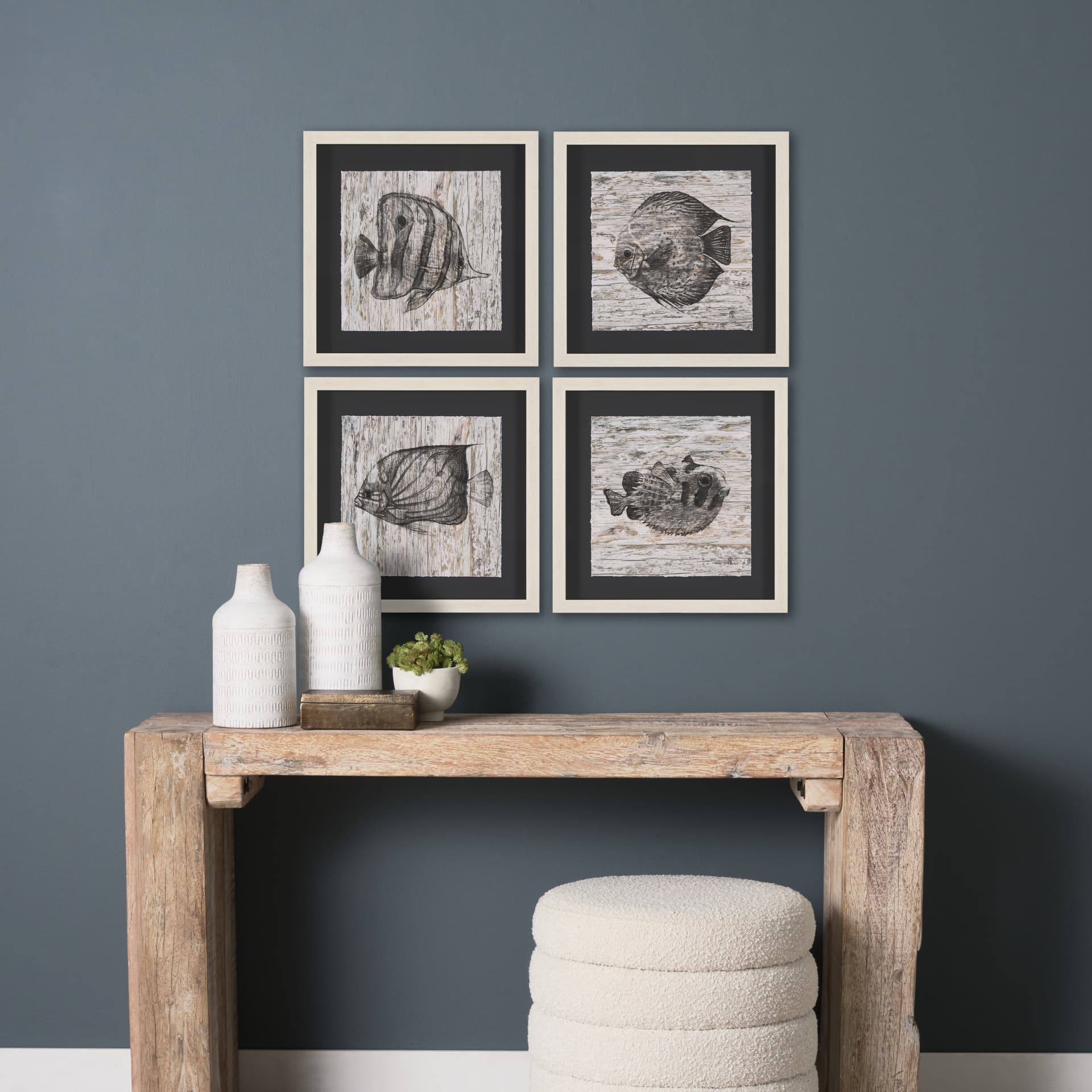Wood Grain Fish III by Mercana Studio Hand Embellished Textured Framed Art Print Matted under Glass — in a styled room