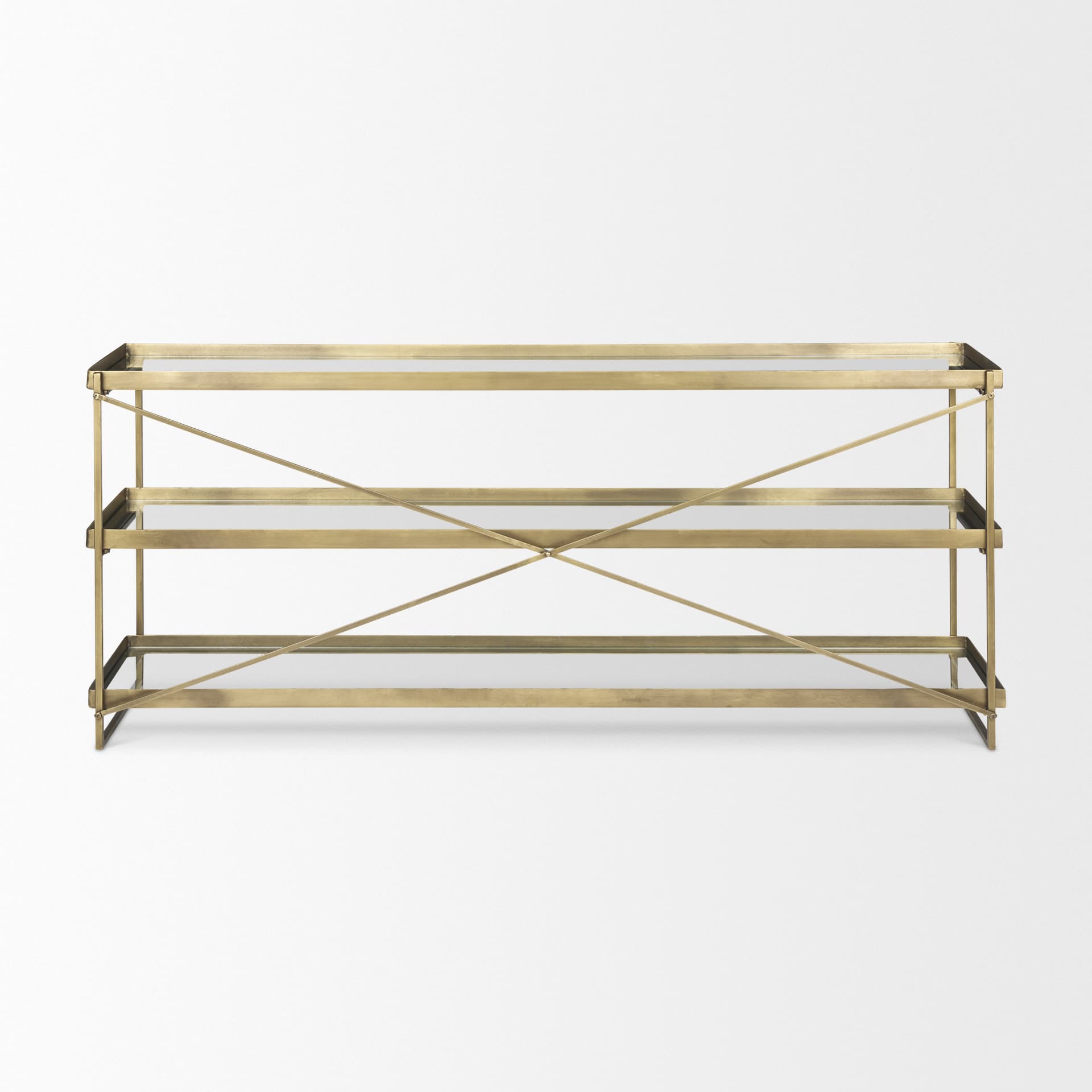 Trey 72.0L x 16.0W x 30.0H Gold Metal W/Glass Console Table — product photograph
