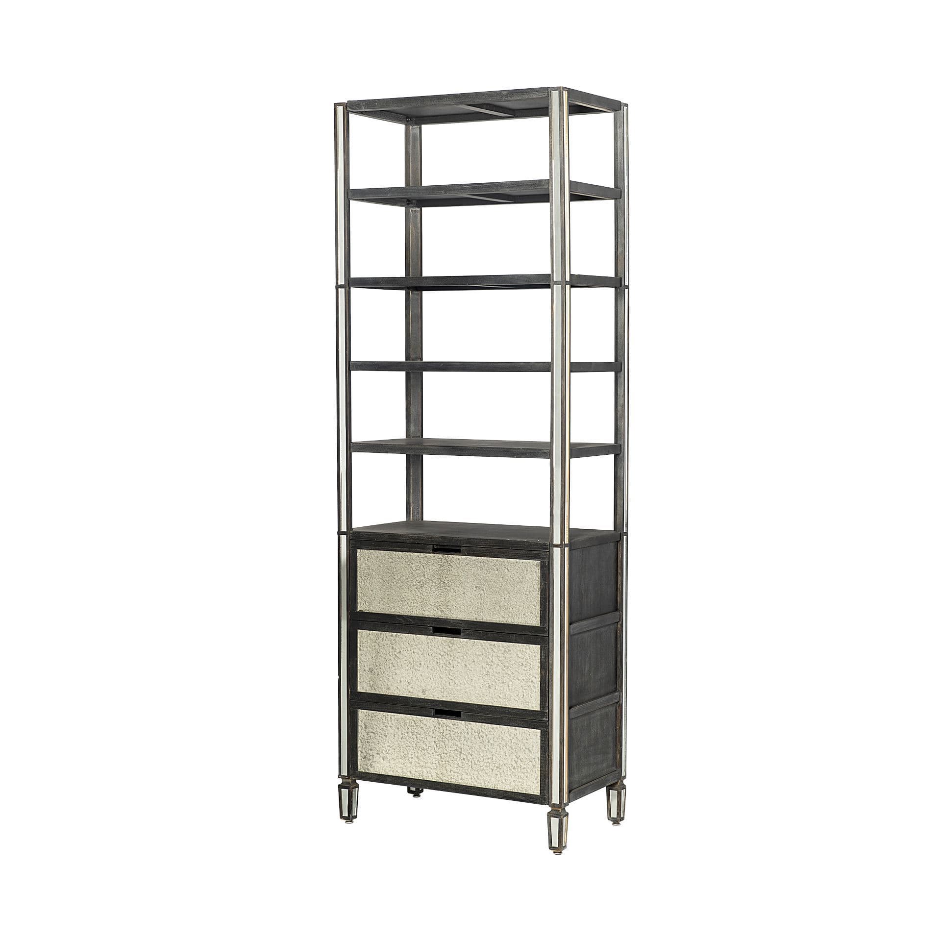 Sunnyvale 32L x 18W x 90H Dark Brown Solid Wood and Mirrored Glass Four Shelf Shelving Unit — product photograph
