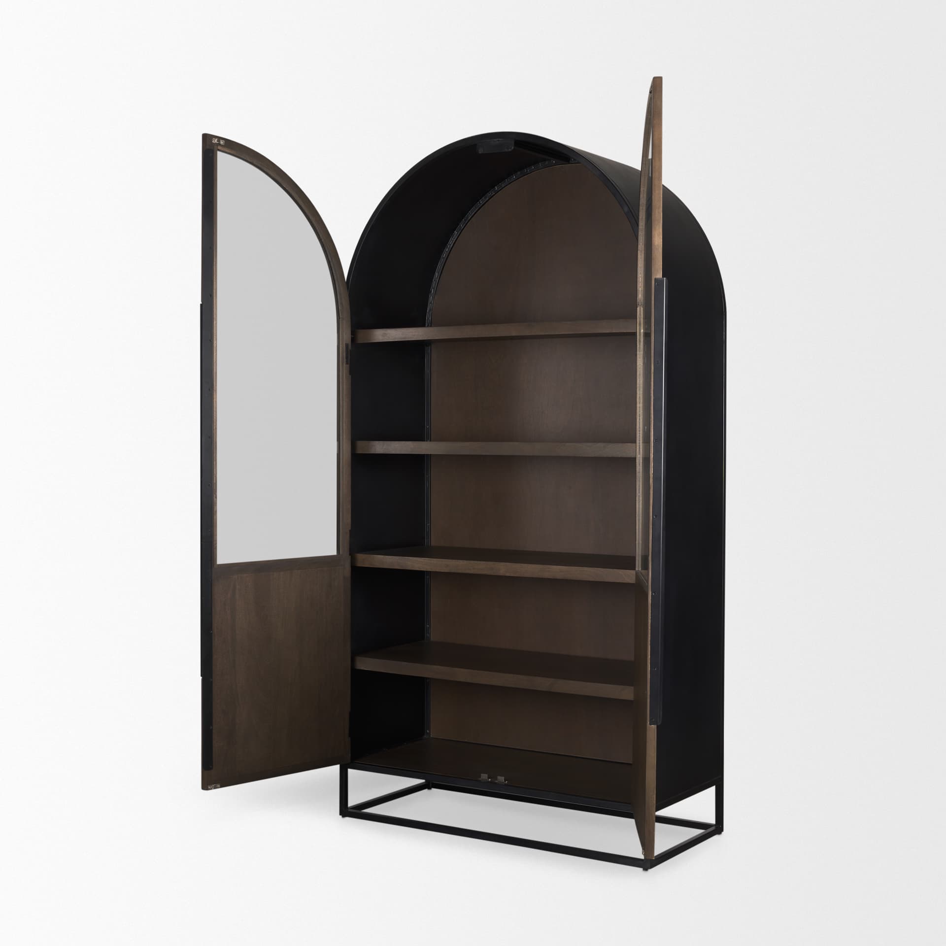 Sloan 42W x 80H Dark Brown Wood W/Black Metal Arched Curio Cabinet — product photograph