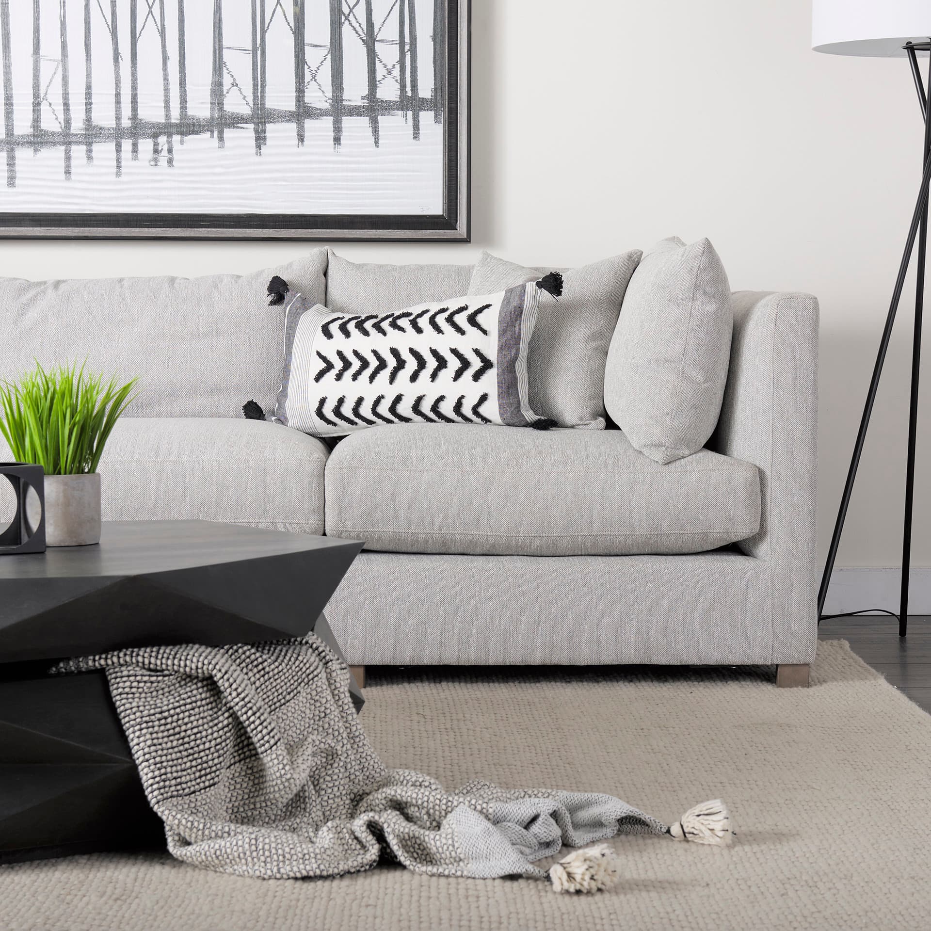 Kimia 14x26 White/Black Fabric Herringbone w/Fringed Pillow Cover — product photograph