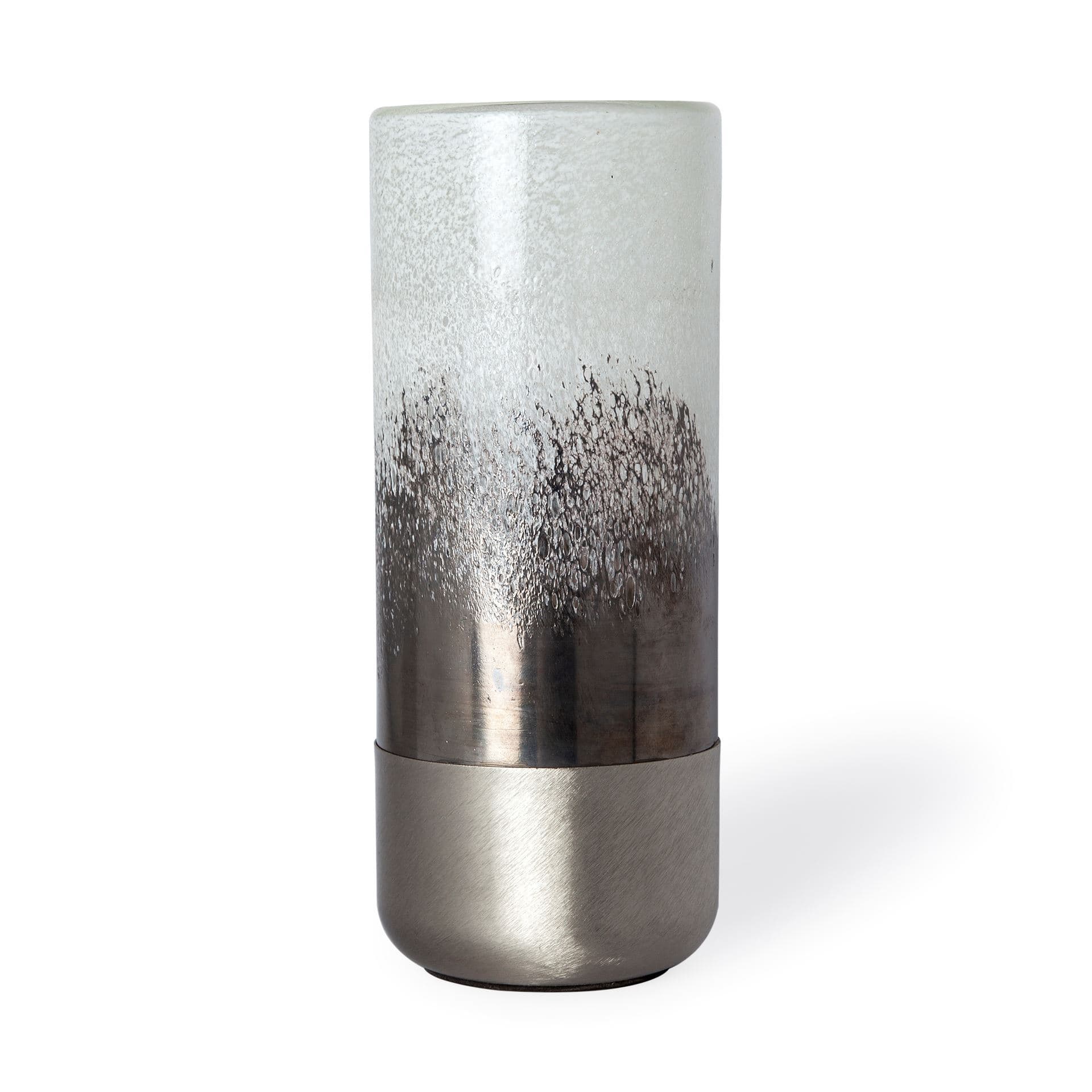 Baltic I Tall White Brushed Silver Metal Bottom Glass Vase — product photograph