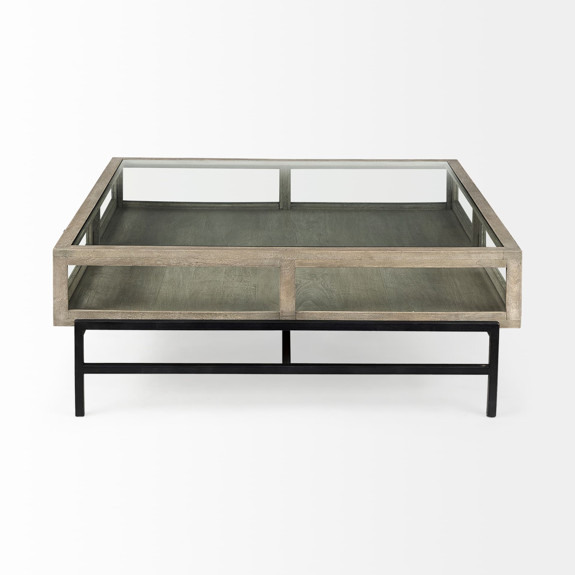 Arelius 42" Square Glass-Top Gray Wood w/ Black Metal Base Display Coffee Table — product photograph