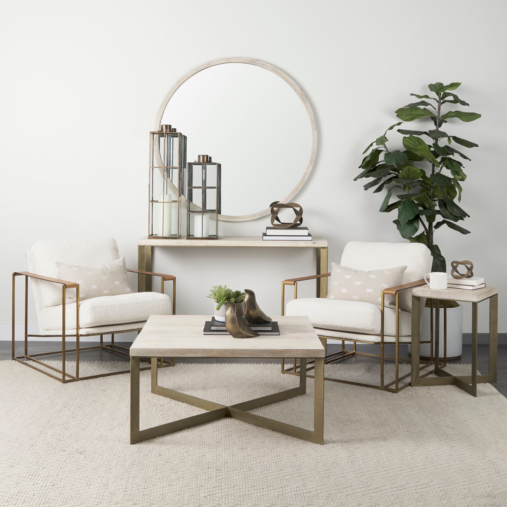 Faye 50L x 15W x 30H Beige Finished Wood W/Gold Metal Base Console Table — in a styled room