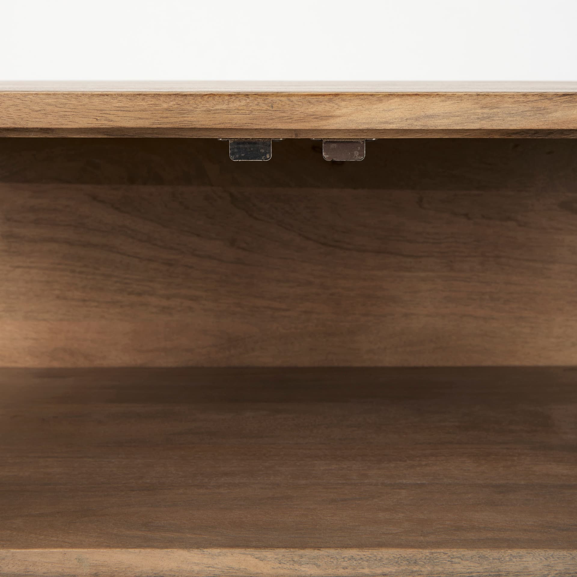 Arelius 36L x 18W x 32H Light Brown Wood, Black Metal Base w/ 2 Glass Doors Accent Cabinet — product photograph