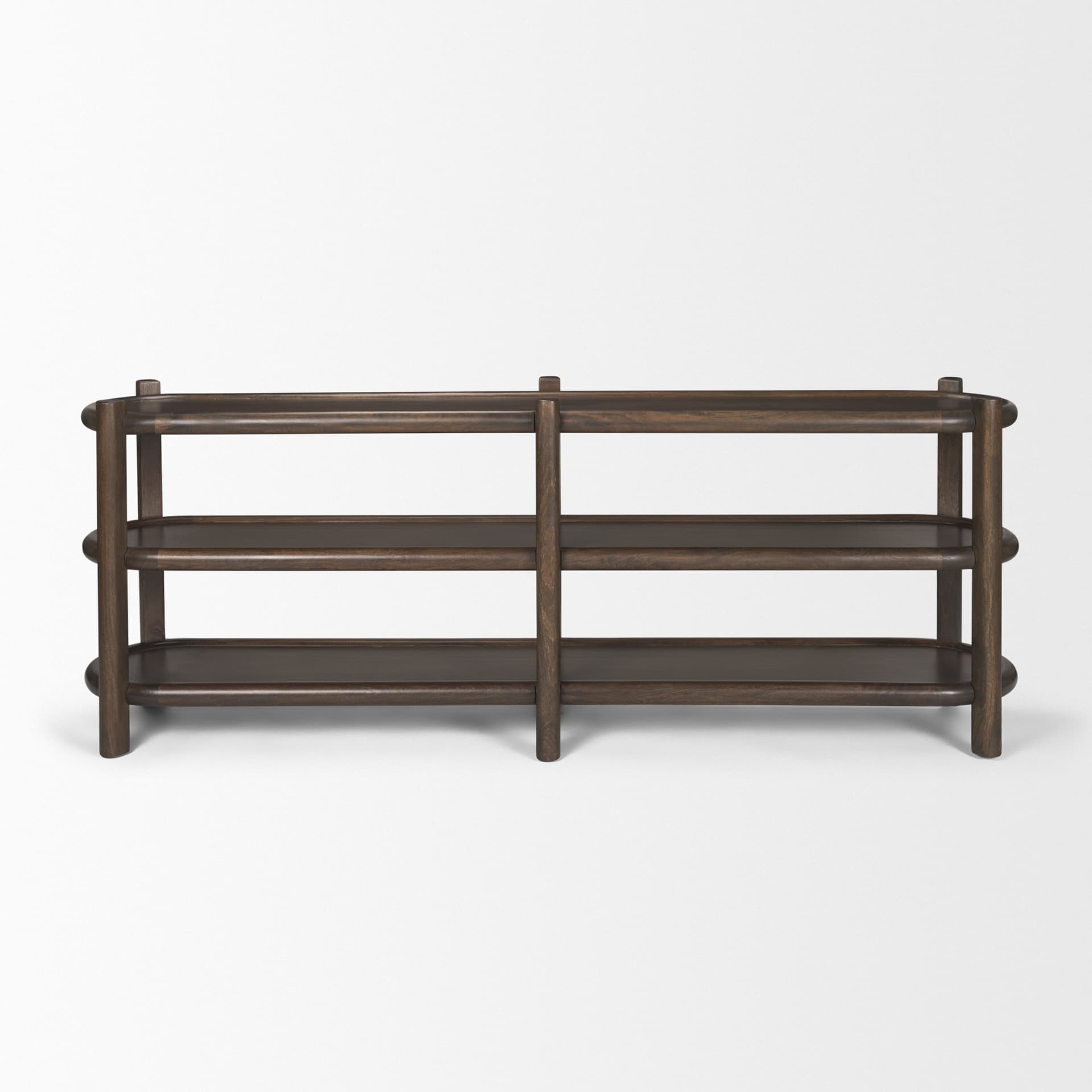 Romi Dark Brown Wood w/ 3 Shelves Oval Console Table — product photograph