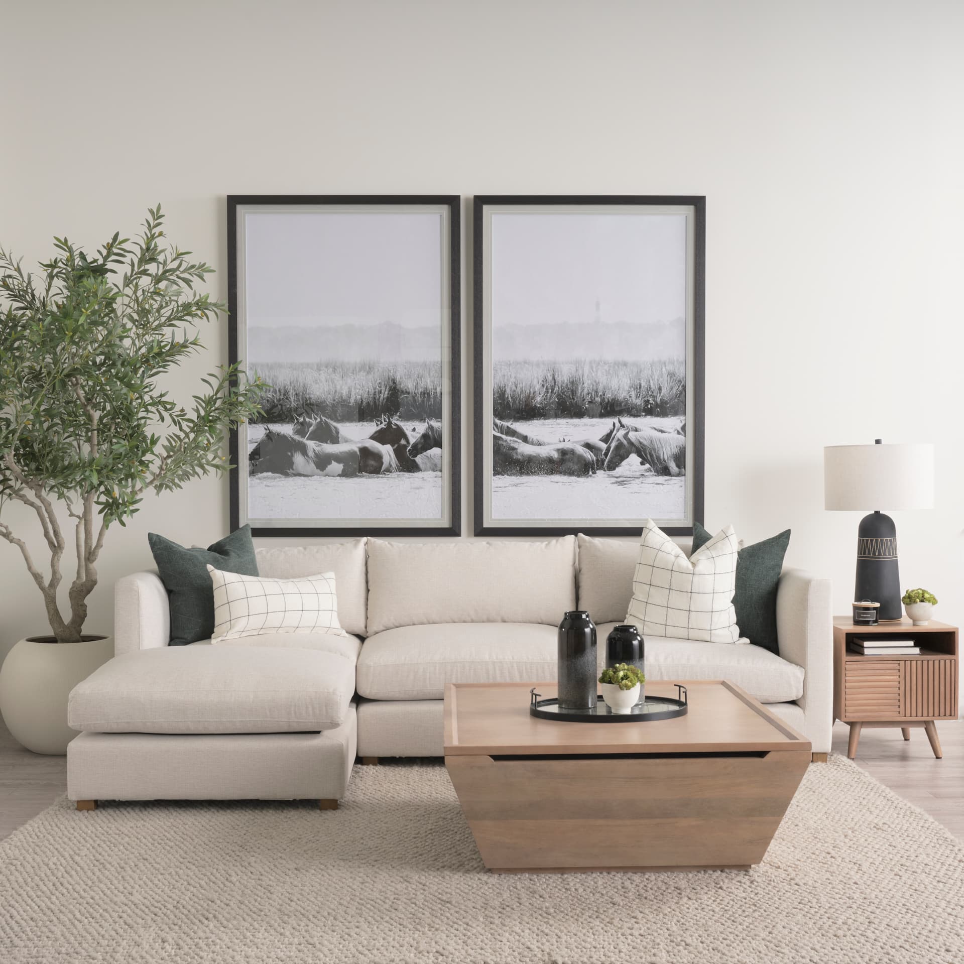 Halston Small Ottoman Oatmeal Performance Fabric — in a styled room