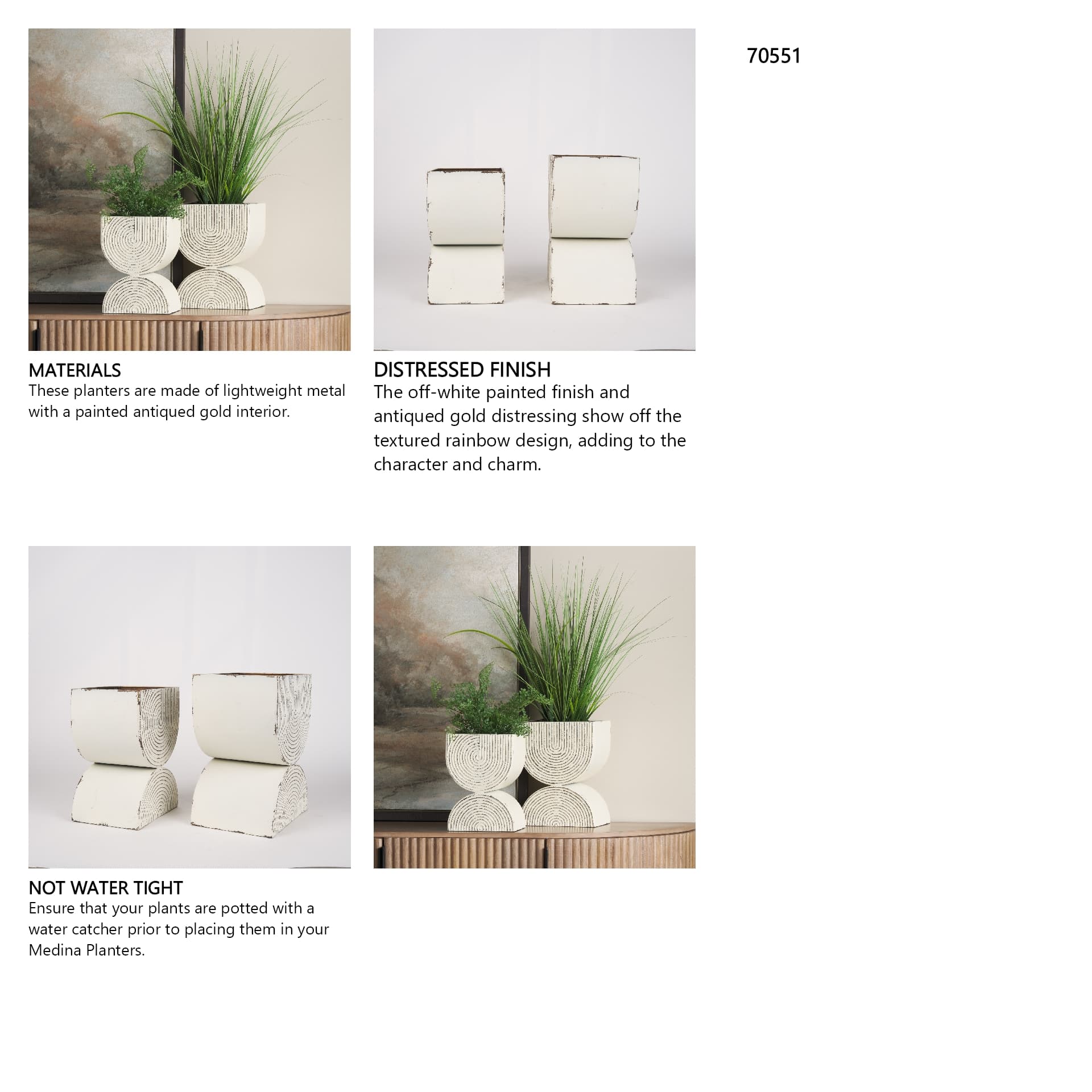 Medina Off White w/ Gold Antiquing Tall Metal Planters (Set of 2) — in a styled room