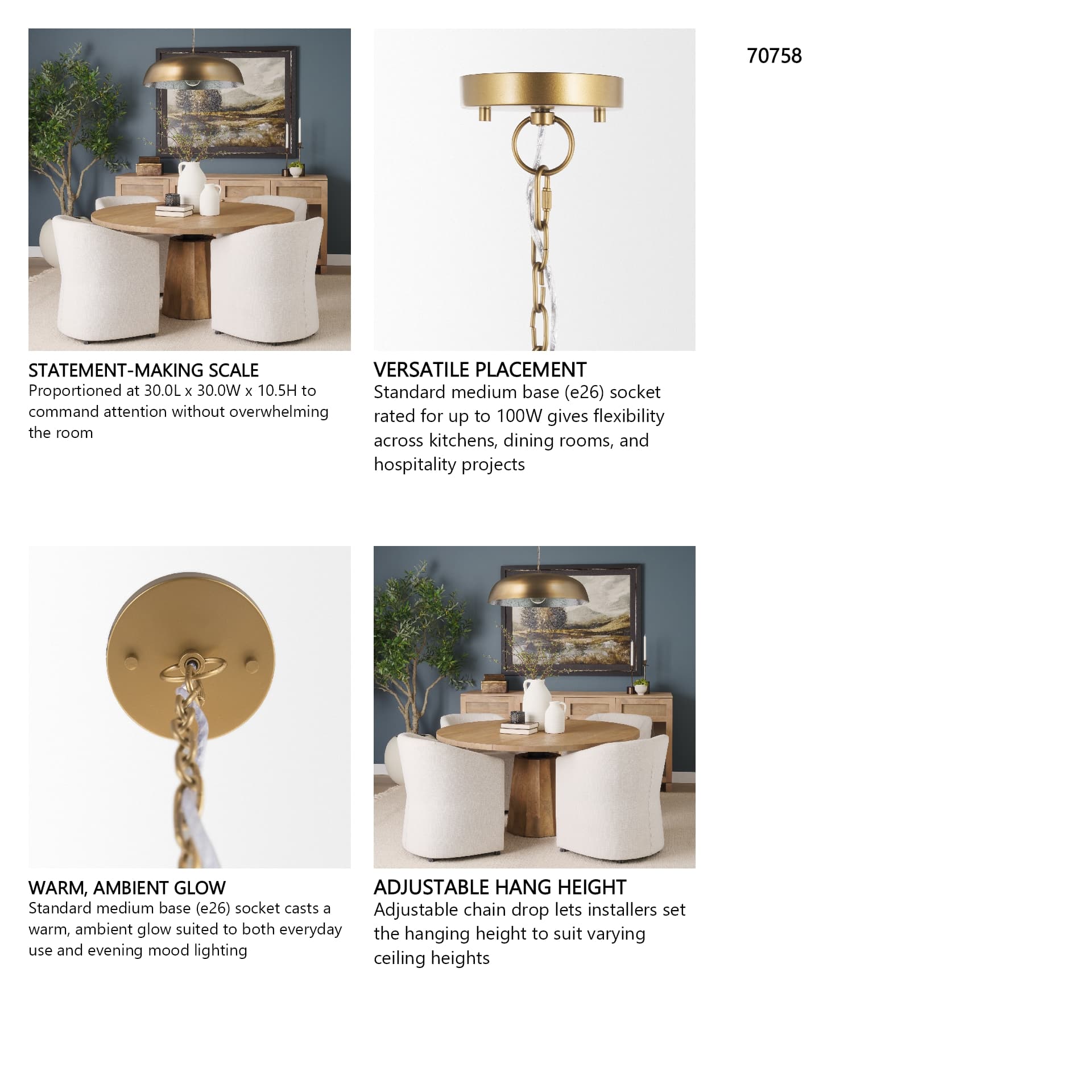 Sanne Antiqued Gold Metal w/ Silver Foil Wide Pendant Light — in a styled room