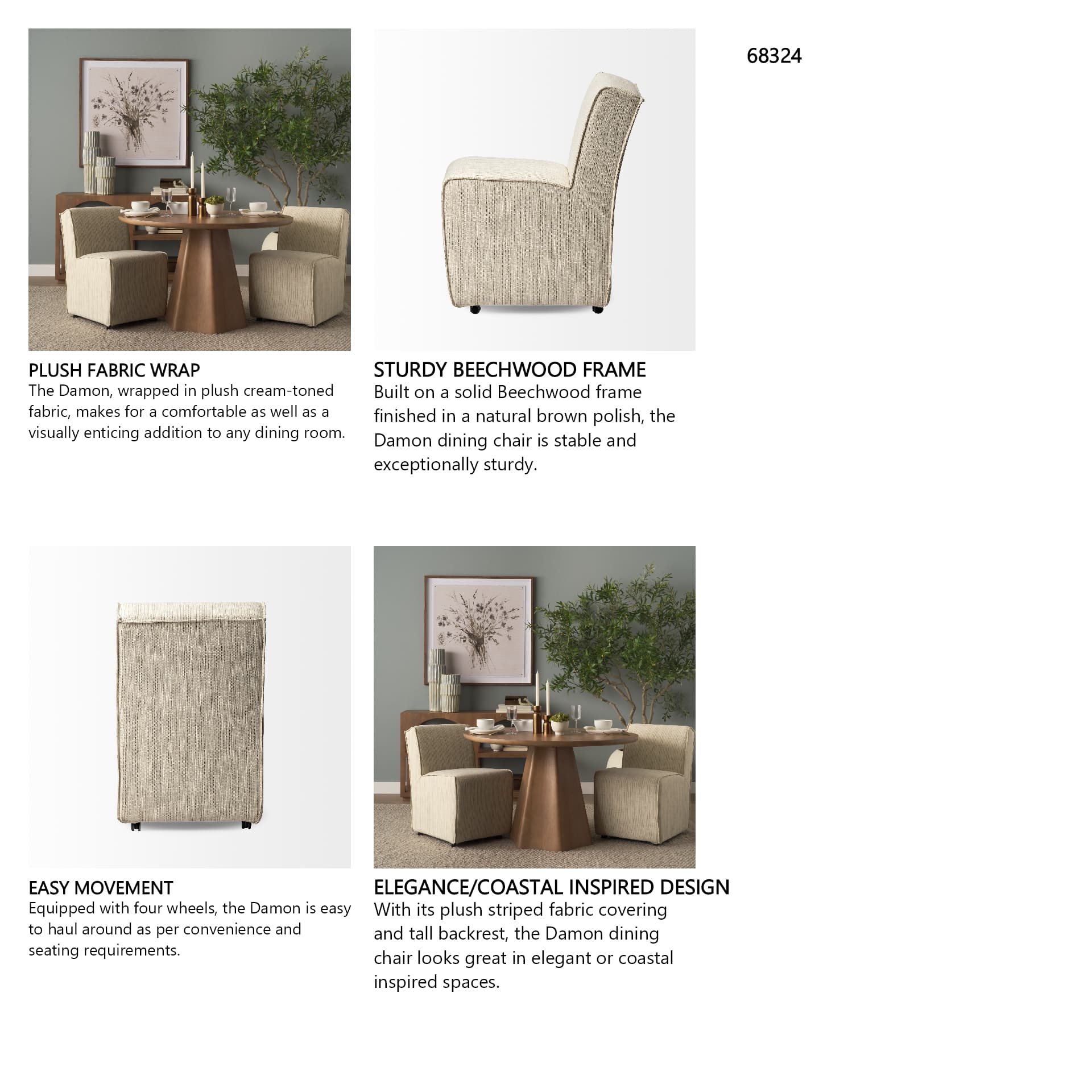 Damon Barrel Back Dining Arm Chair | Cream Fabric w/ Caster Base — in a styled room