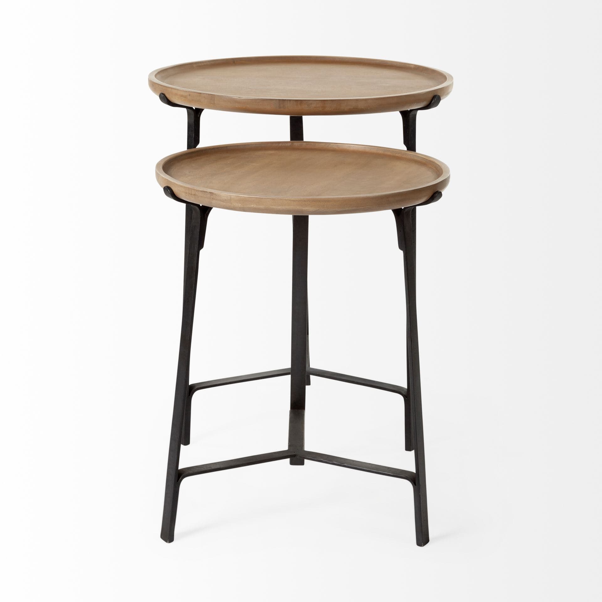 Helios III 20L x 24H Set of Two Round Brown Solid Wood Iron Base Nesting End/Side Tables — product photograph