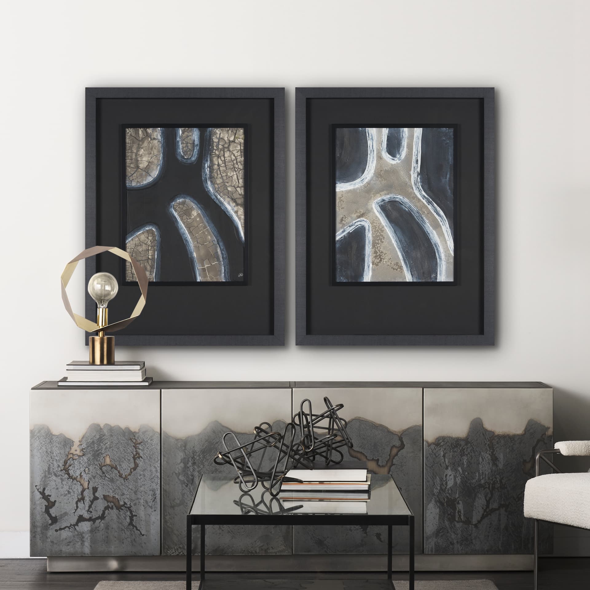 Contrasting Paths II by Studio M a handmade Original Framed 3D Textured Artwork under Glass — in a styled room