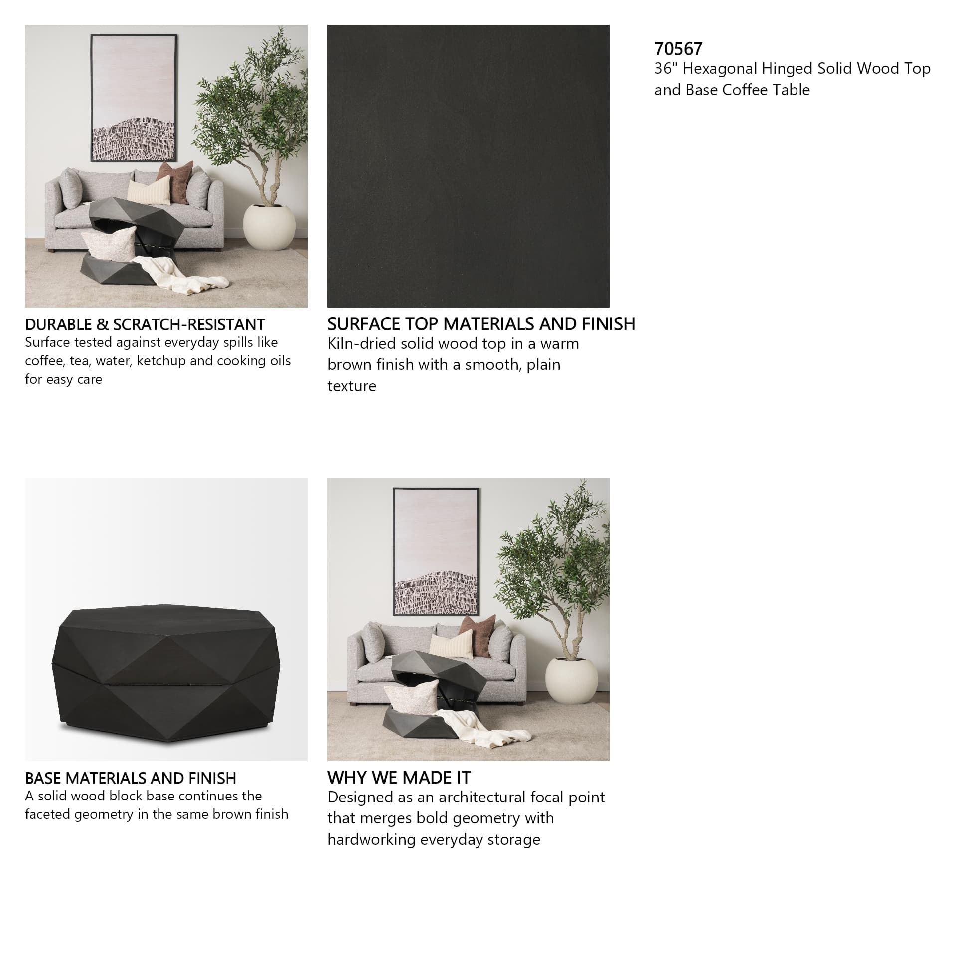 Arreto 36" Hexagonal Hinged Solid Wood Top and Base Coffee Table — in a styled room