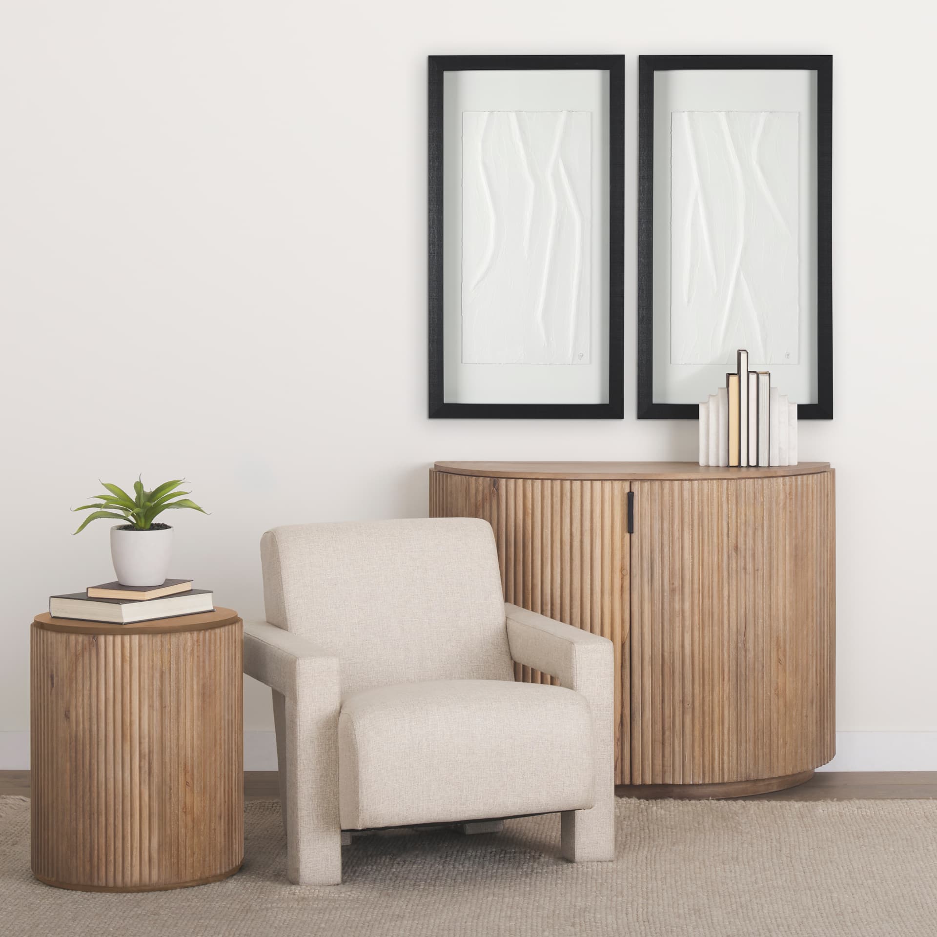Terra Fluted Light Brown Wood 2-Door Accent Cabinet — in a styled room