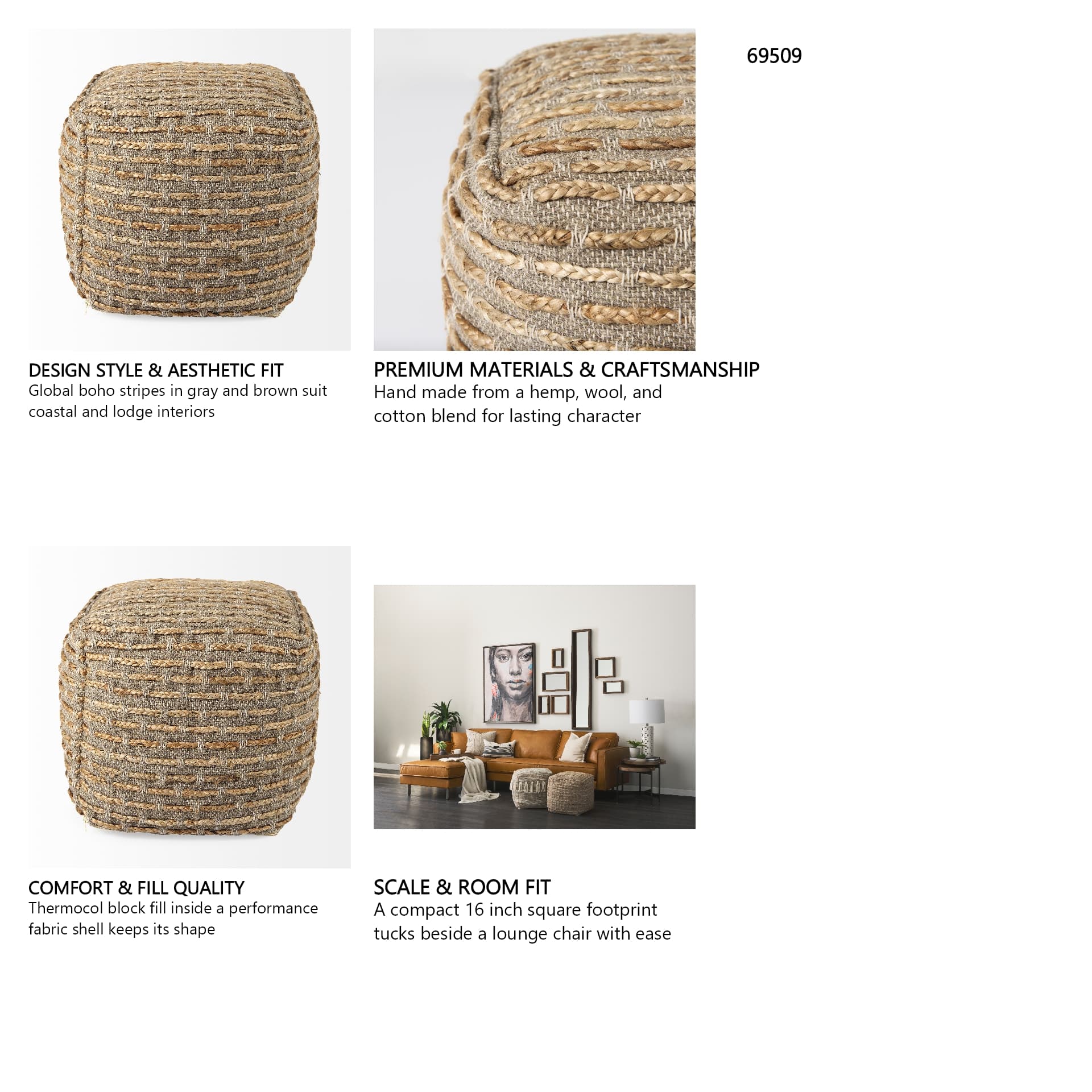 Binita 16.0L x 16.0W x 16.0H Gray/Brown Hemp Wool and Cotton Pouf — in a styled room