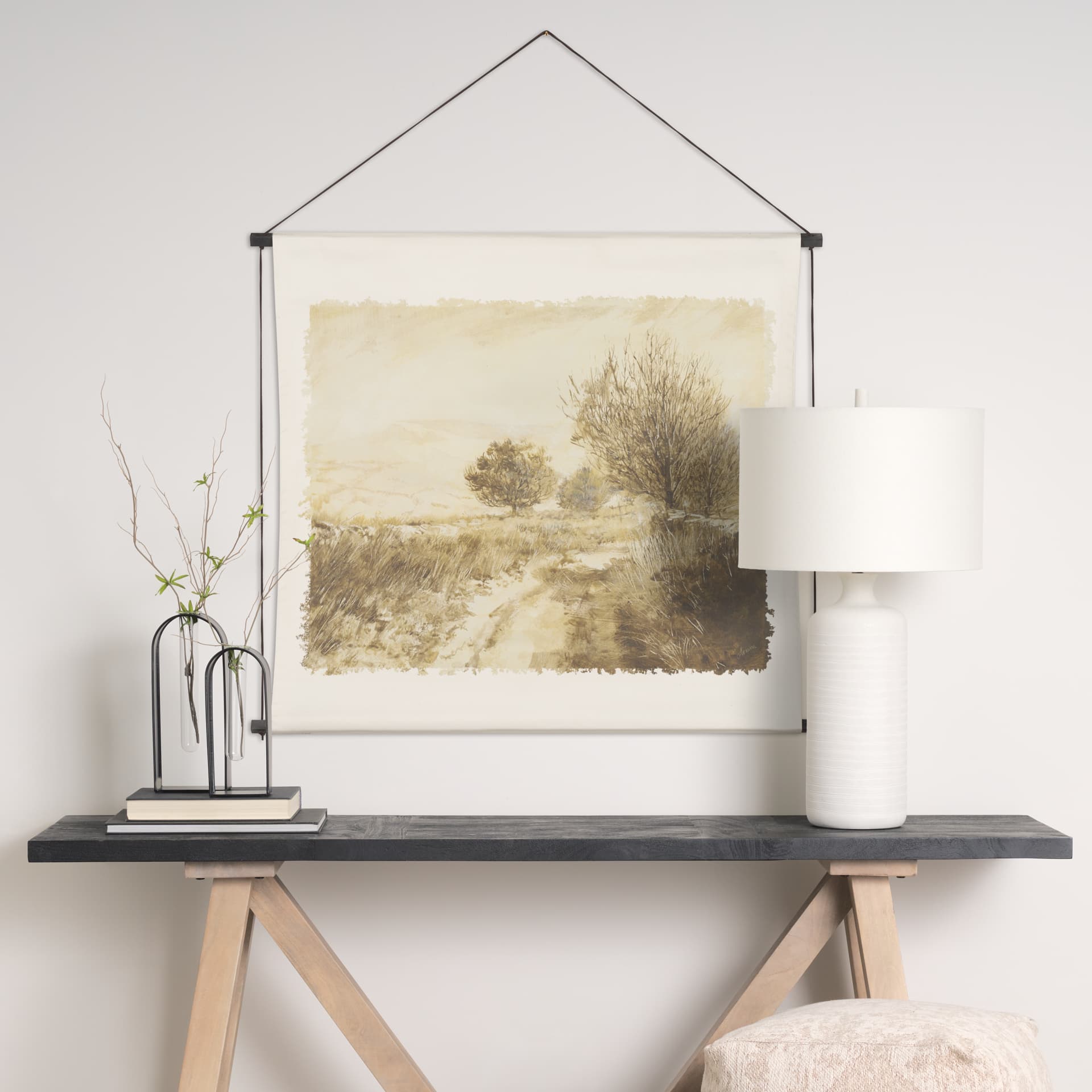 Timeless Vista by Mercana Studio Textured Artwork Tapestry — in a styled room